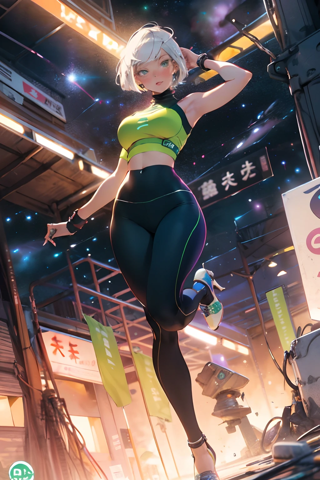 Generate a stunning art style, a true [masterpiece] of art. The image showcases [detailed linework], [dynamic shading], and [dramatic lighting], bringing to life a surreal atmosphere. from side,eldrich,green-skinned female,ponytail,perfect face, perfect hands,small breasts,big thighs,one-piece swimsuit,smug,yandere,spread arms,space station