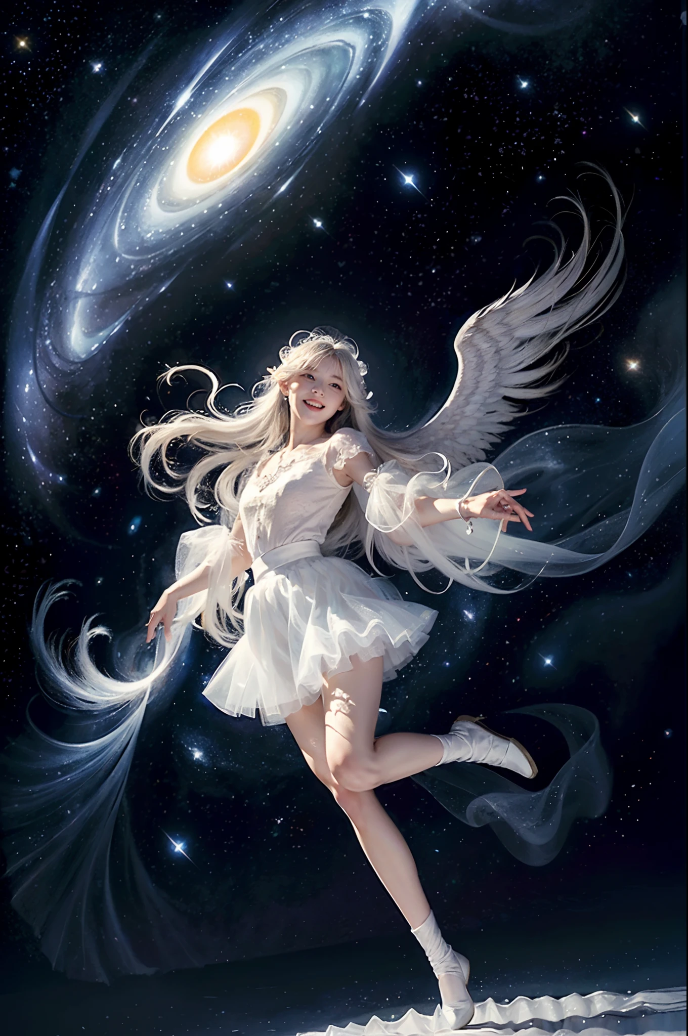 (goddes，In the sky，Huge illusion),((Moon)), Starry sky, (lighting particle), Heavy fog, Snow,(full bloom), (starry tornado:1.4), starry Nebula, Beautiful detailed sky, Sunlight, Extremely light, Very clothes, Holy light, Dynamic Angle, light particules, Very long hair, White hair, Yellow eyes, Glowing eyes, Expressionless, ((Light smile)), ((((White tulle skirt)))), White silk, view the viewer, Angel wings, large wings, Multiple wings, angelic halo, (((Starry sky))), Dusk sky, Floating light spot, Lots of feathers, Stars in Eyes, Messy floating hair, Colored inner hair, Starry sky adorns hair, (lots of big colorful Bubble), (the pearl), (milky ways), Depth of field