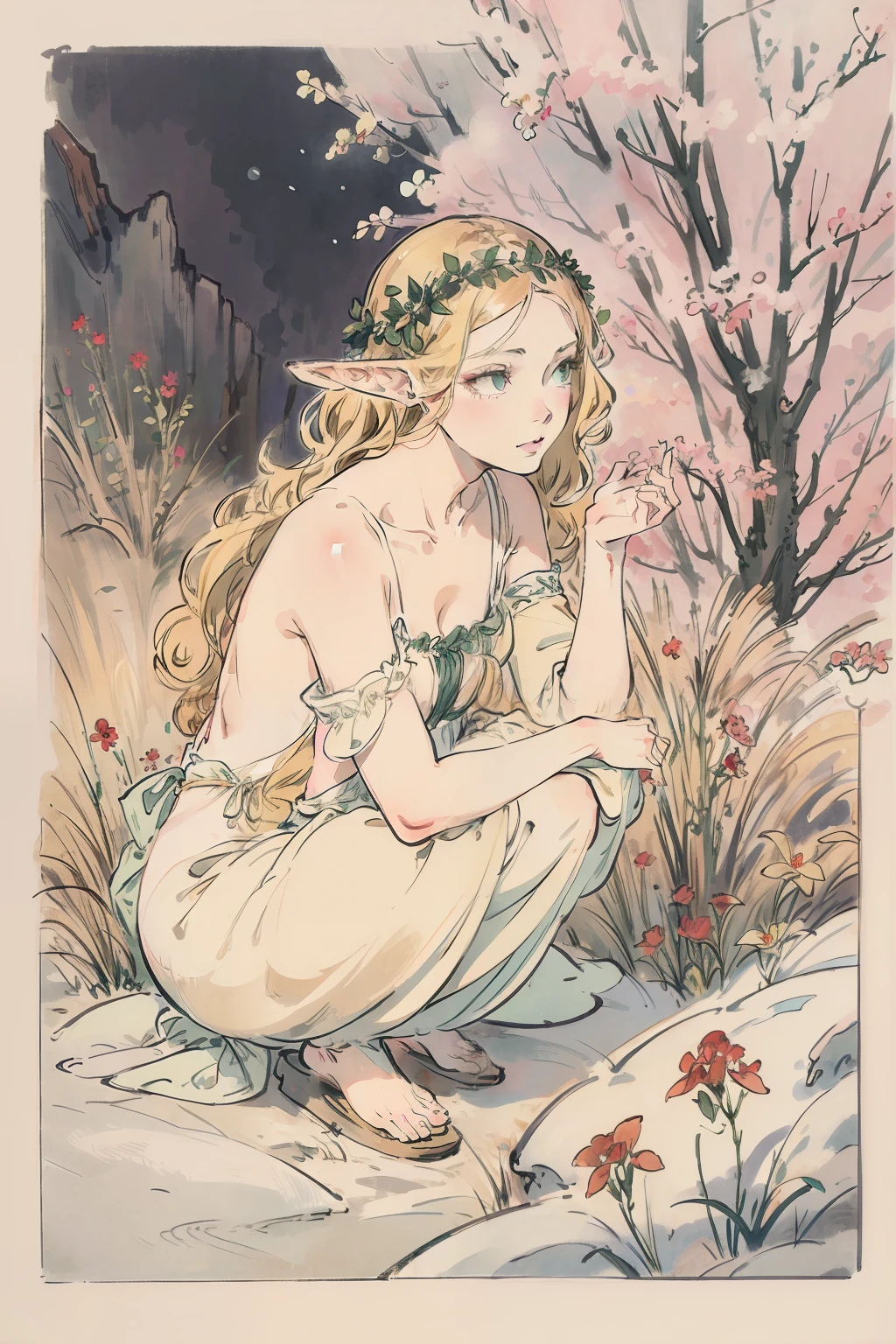 SFW,masutepiece, Best Quality, High resolution, 1girl in, Full body, Details Girl, detail hands, Detail fingers, Detail Face, detail legs, 1girl in, elf, Looking down, Flower Garden, Black sky, smog, watercolor paiting, pale skin, Petite, Blonde hair, Long hair, Wavy Hair, saddened, mournful smile, Green eyes, tareme, medium breasts, white sundress, Bare back, Kneeling, Planting trees