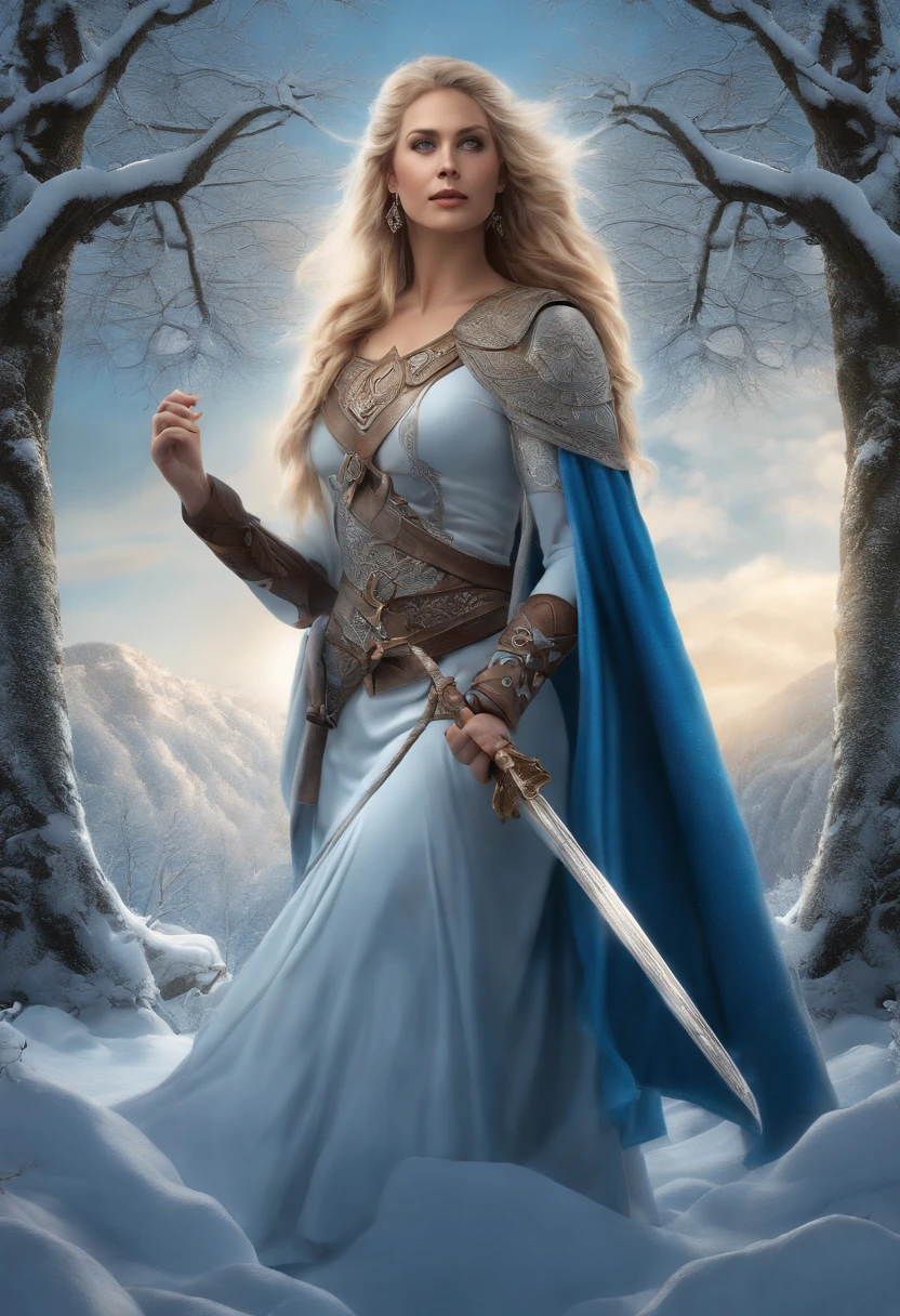 best quality, very high resolution, detailed 4K CG, master piece, Freyja, Goddess of Beauty, Norse Goddess, Woman,asgard in the background,yggdrasil,godheim,rune tattoos, snow, tall trees, blue sky, Norse Mythology, Rune Tattoo , beautiful aesthetics, asgard, Beautiful image, centered camera