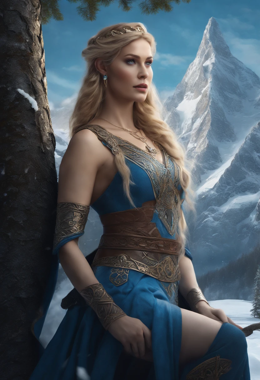 best quality, very high resolution, detailed 4K CG, master piece, Freyja, Goddess of Beauty, Norse Goddess, Woman,asgard in the background,yggdrasil,godheim,rune tattoos, snow, tall trees, blue sky, Norse Mythology, Rune Tattoo , beautiful aesthetics, asgard, Beautiful image, centered camera