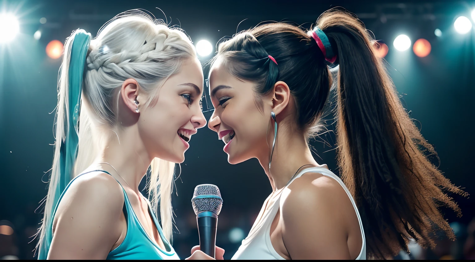 (Ponytail hairstyle), (Ponytail hairstyle), (Ponytail hairstyle), (whaite hair:1.5), Beautiful white hair with long hair, Abundant long white hair, (Woman in her 40s), (Woman in her 40s), (Woman in her 40s), (Caucasian), (Caucasian), (Caucasian), (Caucasian), (Caucasian), (Caucasian), (white skinned:1.3) , (white skinned:1.3), (white skinned:1.3), (white skinned:1.3), (skin luster: 1.5,), (skin luster: 1.5,), (skin luster: 1.5,), (American actress Elena Camporis) femele: 40yearsold , White skin, (Black tank top shirt), (Ripped jean shorts), (Black tank top shirt), (Ripped jean shorts), (Ripped jean shorts), Fine details, Front view, Medium Tits, Blue Eyes, (Small hips), (slim thigh), , Sorrisos, Sorrisos, Sorrisos. (Medium Tits), (Large and delicate eyes), (turquoise Eyes), (Sorrisos), (Medium Tits), (Large and delicate eyes), (turquoise Eyes), (Sorrisos, (Medium Tits), (Large and delicate eyes), (turquoise Eyes), (Large and delicate eyes), (Sorrisos), (Large and delicate eyes), (Sorrisos), (Large and delicate eyes), (Large and delicate eyes), (Large and delicate eyes), (Large and delicate eyes), (Large and delicate eyes), (Large and delicate eyes), (Reggae style), (Hip-hop style), (Reggae style), (Hip-hop style), (Reggae style), (Hip-hop style), (Lights on the face), (Lights on the face), (Lights on the face), (frontlit), (frontlit), (frontlit), (frontlit), (frontlit), (Sorrisos), (Sorrisos), (Sorrisos), (Two women holding microphones look at each other and sing), (Two women holding microphones look at each other and sing), (Two women holding microphones look at each other and sing), (Two women holding microphones look at each other and sing), (Two women holding microphones look at each other and sing), (Two women holding microphones look at each other and sing), (Singing on the club stage), (dark lighting), (Singing on the club stage), (dark lighting), (Singing on the club stage), (dark lighting)