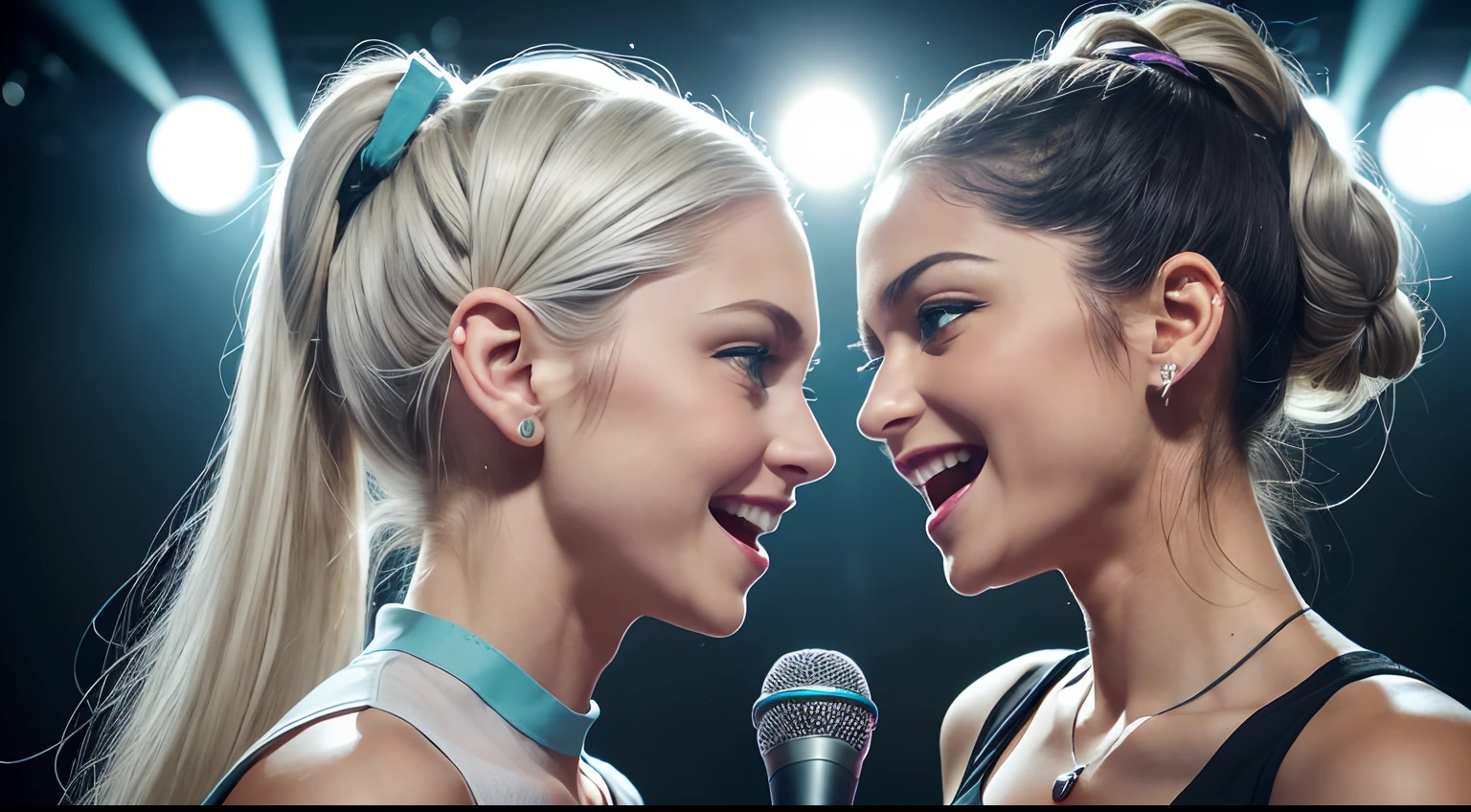 (Ponytail hairstyle), (Ponytail hairstyle), (Ponytail hairstyle), (whaite hair:1.5), Beautiful white hair with long hair, Abundant long white hair, (Woman in her 40s), (Woman in her 40s), (Woman in her 40s), (Caucasian), (Caucasian), (Caucasian), (Caucasian), (Caucasian), (Caucasian), (white skinned:1.3) , (white skinned:1.3), (white skinned:1.3), (white skinned:1.3), (skin luster: 1.5,), (skin luster: 1.5,), (skin luster: 1.5,), (American actress Elena Camporis) femele: 40yearsold , White skin, (Black tank top shirt), (Ripped jean shorts), (Black tank top shirt), (Ripped jean shorts), (Ripped jean shorts), Fine details, Front view, Medium Tits, Blue Eyes, (Small hips), (slim thigh), , Sorrisos, Sorrisos, Sorrisos. (Medium Tits), (Large and delicate eyes), (turquoise Eyes), (Sorrisos), (Medium Tits), (Large and delicate eyes), (turquoise Eyes), (Sorrisos, (Medium Tits), (Large and delicate eyes), (turquoise Eyes), (Large and delicate eyes), (Sorrisos), (Large and delicate eyes), (Sorrisos), (Large and delicate eyes), (Large and delicate eyes), (Large and delicate eyes), (Large and delicate eyes), (Large and delicate eyes), (Large and delicate eyes), (Reggae style), (Hip-hop style), (Reggae style), (Hip-hop style), (Reggae style), (Hip-hop style), (Lights on the face), (Lights on the face), (Lights on the face), (frontlit), (frontlit), (frontlit), (frontlit), (frontlit), (Sorrisos), (Sorrisos), (Sorrisos), (Two women holding microphones look at each other and sing), (Two women holding microphones look at each other and sing), (Two women holding microphones look at each other and sing), (Two women holding microphones look at each other and sing), (Two women holding microphones look at each other and sing), (Two women holding microphones look at each other and sing), (Singing on the club stage), (dark lighting), (Singing on the club stage), (dark lighting), (Singing on the club stage), (dark lighting)
