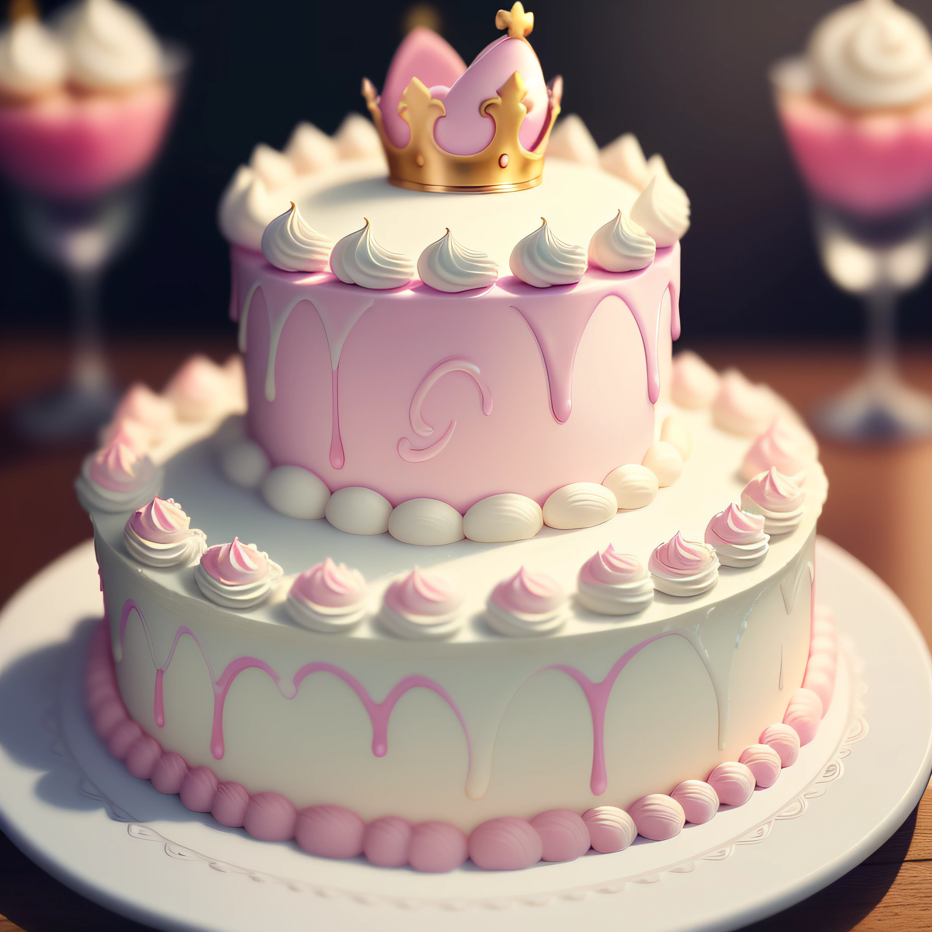 (raw photo), masterpiece, high quality, best quality, princess themed cake with cream on a plate, colorful cake for girls, foodphoto, blurred background, full view, 8k, excellent quality.