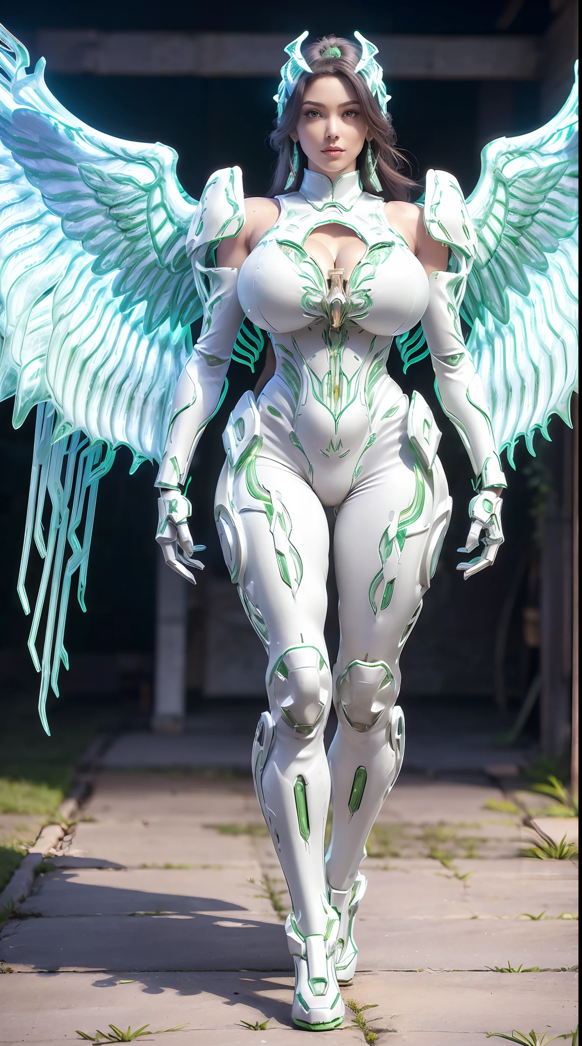 (PHOENIX HEAD), HUGE FAKE BOOBS, (BEAUTIFUL FACE), (LIGHT GREEN, WHITE, PURPLE), (((A PAIR OF HUGE MECHANICAL WINGS SPREAD OUT))), FUTURISTIC PHOENIX MECHA SUIT, (CLEAVAGE), (SKINTIGHT YOGA PANTS), (HIGH HEELS), (PERFECT BODY:1.2), (FULL BODY VIEW), FRONT, (WALKING DOWN:1), SEXY BODY, MUSCLE ABS, UHD, 8K, 1080P.