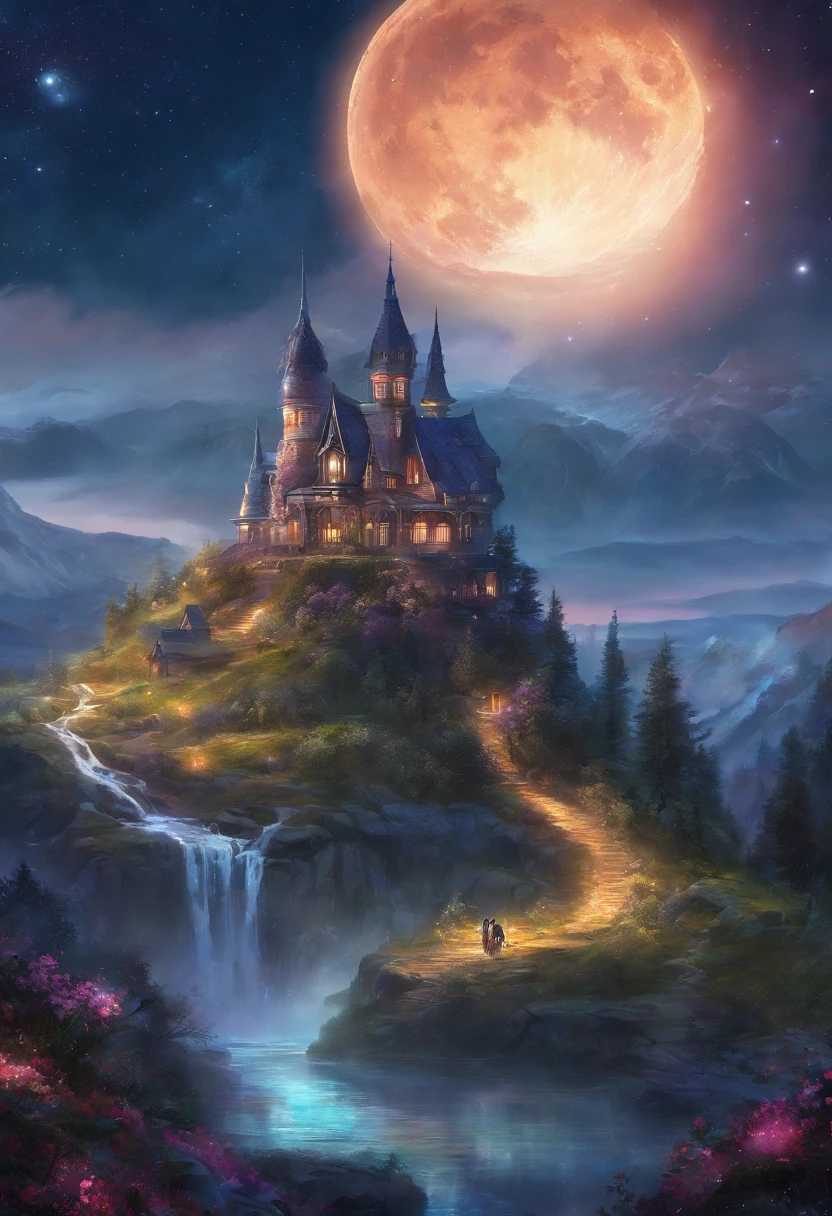 (Largest, ultra detailed, Cinematic, UHD), Night, mountain, dark sky, (big moon in the sky), (Saturn in the sky), galaxy in the sky, Nebula in the sky, snowy, (Old Western Building), Flower field