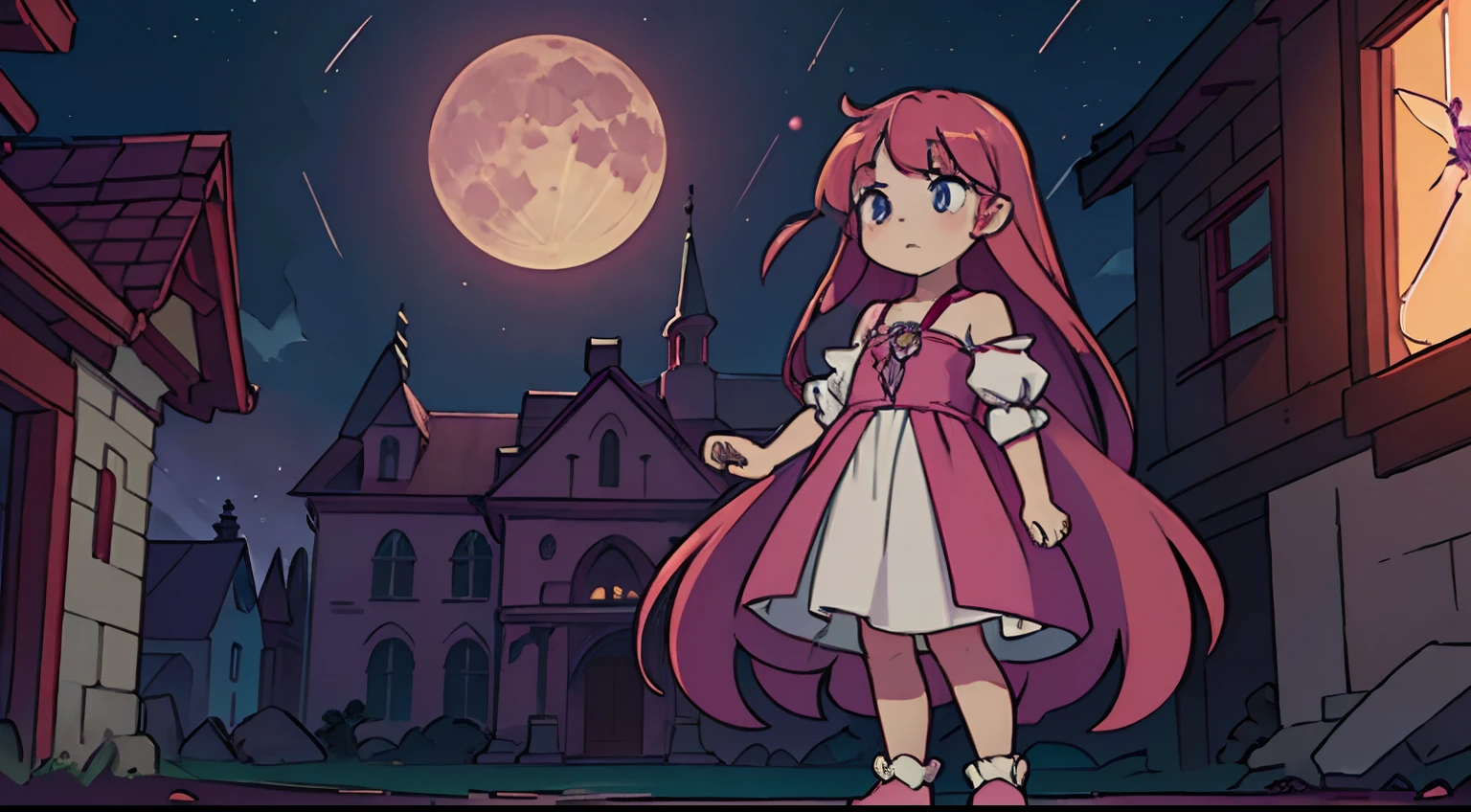 one little girl only, very young child, shoulder-length red hair, long red hair, beautiful amethyst purple eyes, wearing silk white nightgown, wearing fluffy pink slippers, holding pink stuffed bunny toy, solemn expression, sad eyes, standing, kingdom ruins, flaming buildings, nighttime, full moon in sky, realistic lighting, cinematic lighting, ray traced lighting, 4k resolution, HDR, cinematic perfection, unbeatable masterpiece, perfect anatomy, anatomically correct, perfect hands, perfect face