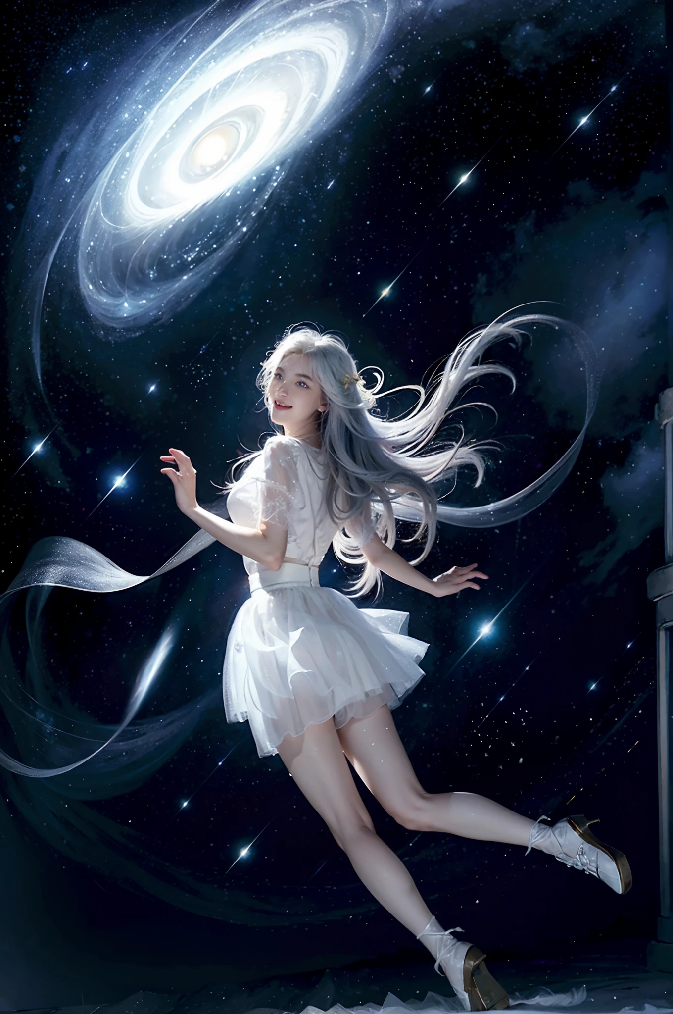 (goddes，In the sky，Huge illusion),((Moon)), Starry sky, (lighting particle), Heavy fog, Snow,(full bloom), (starry tornado:1.4), starry Nebula, Beautiful detailed sky, Sunlight, Extremely light, Very clothes, Holy light, Dynamic Angle, light particules, Very long hair, White hair, Yellow eyes, Glowing eyes, Expressionless, ((Light smile)), ((((White tulle skirt)))), White silk, view the viewer, Angel wings, large wings, Multiple wings, angelic halo, (((Starry sky))), Dusk sky, Floating light spot, Lots of feathers, Stars in Eyes, Messy floating hair, Colored inner hair, Starry sky adorns hair, (lots of big colorful Bubble), (the pearl), (milky ways), Depth of field