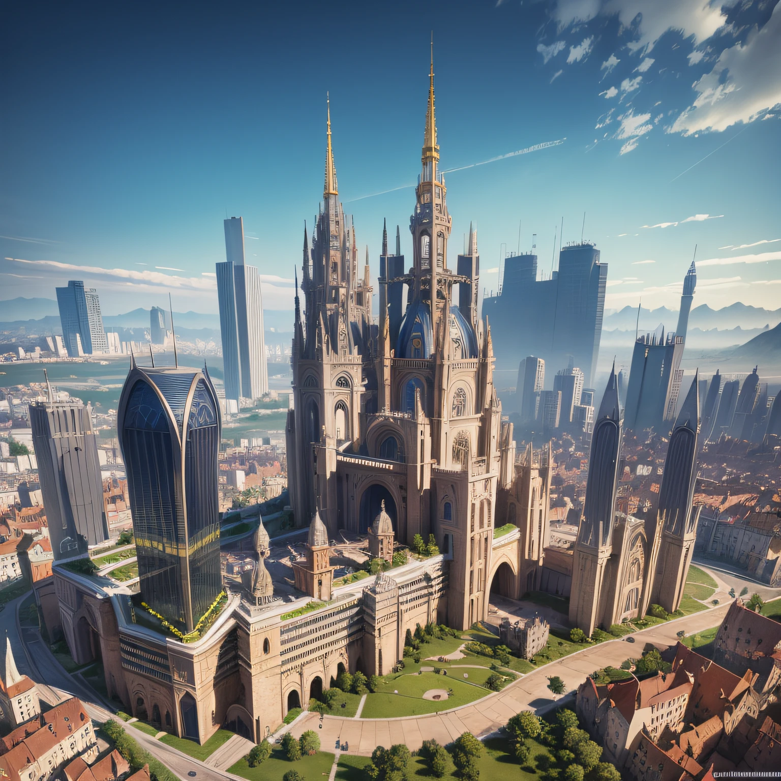 Overlooking，Dense construction，capital city，Middle Ages style，（tmasterpiece），Superior quality，The is very detailed，The vast futuristic metropolis blends modern architecture with medieval Euro-Mediterranean architecture，Solarpunk technology，Abundant greenery，