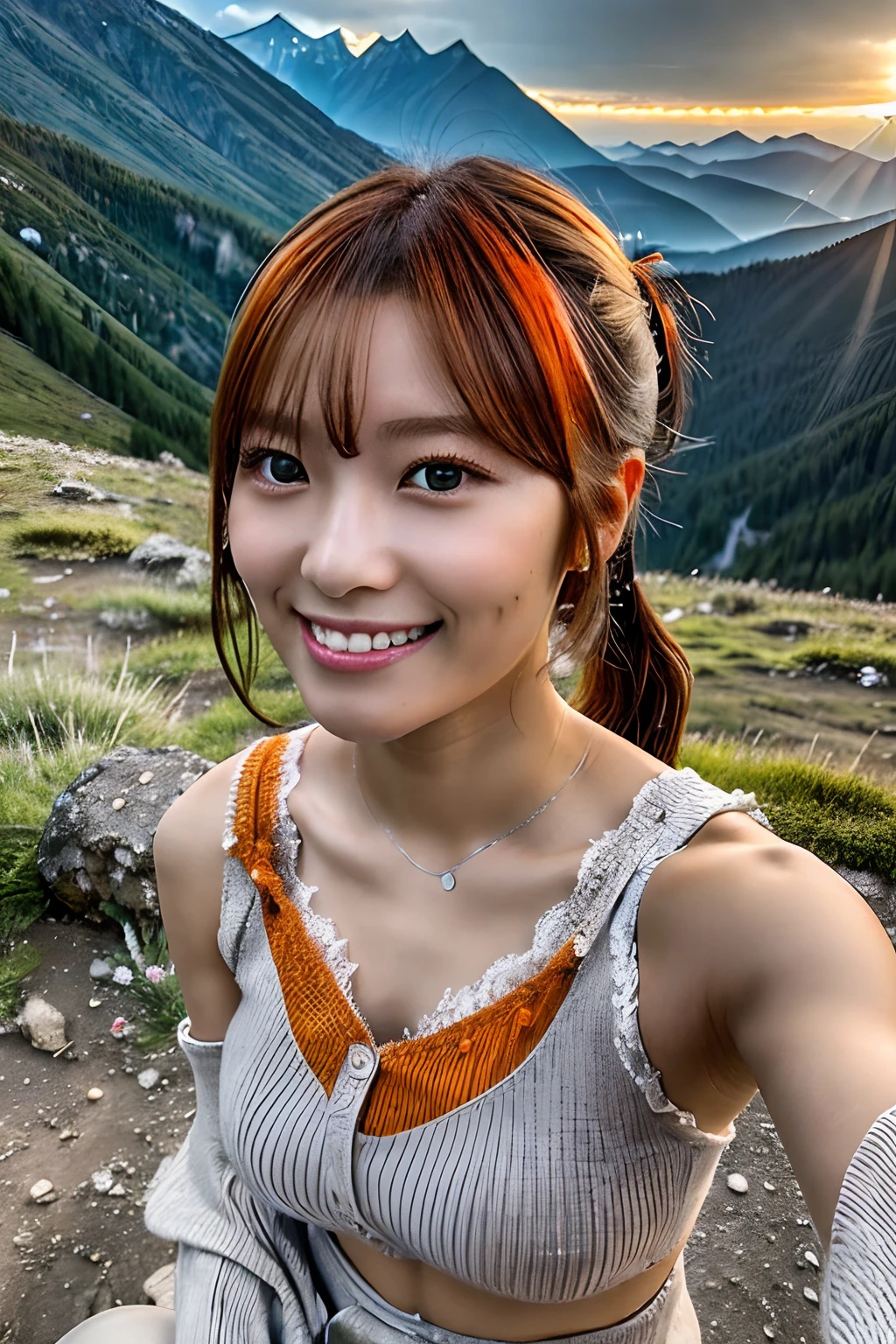 (Upper body selfie:1.3),(Shiny silver and orange hair,Short ponytail),Spring climbing,With a superb view from the summit in the background,Beautiful sunrise,video from above,Backlighting,Generate images of beautiful girls around the world,Especially while reflecting elements of Western beauty.Girl with natural smile and attractive expression,Girl with natural smile and attractive expression,Transparent skin,sparkle in eyes,Expresses an elegant atmosphere,Colossal tits,See-through loose sweater with white lace emphasizing off-shoulder chest,Torn and tattered damaged jeans,Solo, crouching down.backpack,Mountain boots,Camping stove,kettle,mug cup,Single-person tent,strong wind blowing,Hair fluttering in the storm,(The 8k quality,masutepiece,top-quality,Ultra-high resolution output image,),(Highly detailed raw photos:1.3),(Image Mode Ultra HD),