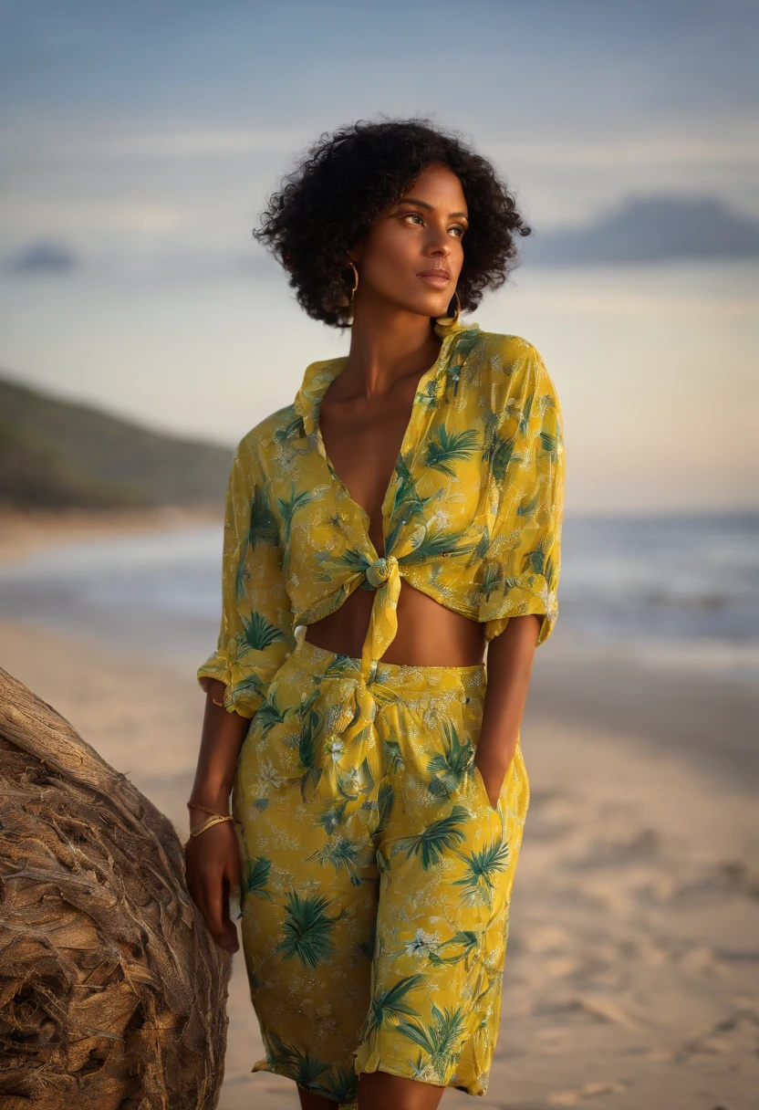 Selene,fille, yeux noirs, short curly black hair, Shorts verts, chemise florale jaune transparent, knotted shirt, taille, Regarder le spectateur, serious, 
debout, hands on the head, main sur la hanche, outside, Maison de plage, Madagascar, Palmiers, Ciel bleu, 
extreme details, Hdr, realistic detail, analogique,