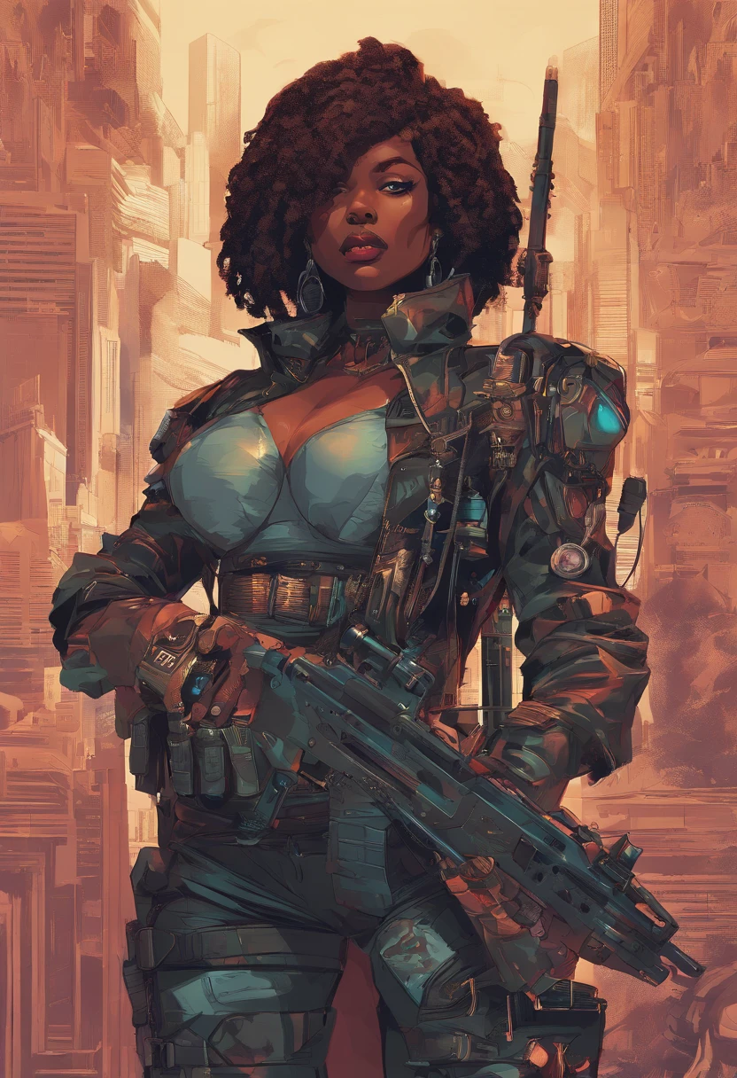 there is a woman in a corset holding a gun, vector art by Mustafa Rakim, Artstation, afrofuturism, black woman, afro, afro futurism, pretty samurai with afro, afro futuristic, afrofuturistic, a black dieselpunk policewoman, afroamerican, black art, black female, black girl, samurai with afro, extremely high quality artwork, afrofuturist