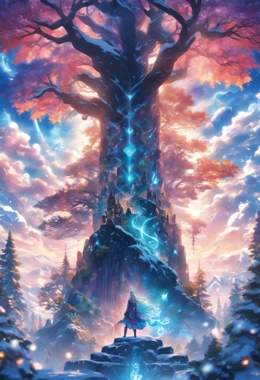 best quality, very high resolution, detailed 4K CG, master piece, Freyja, Goddess of Beauty, Norse Goddess, Woman,asgard in the background,yggdrasil,godheim,rune tattoos, snow, tall trees, blue sky, Norse Mythology, Rune Tattoo , beautiful aesthetics, asgard, Beautiful image, centered camera