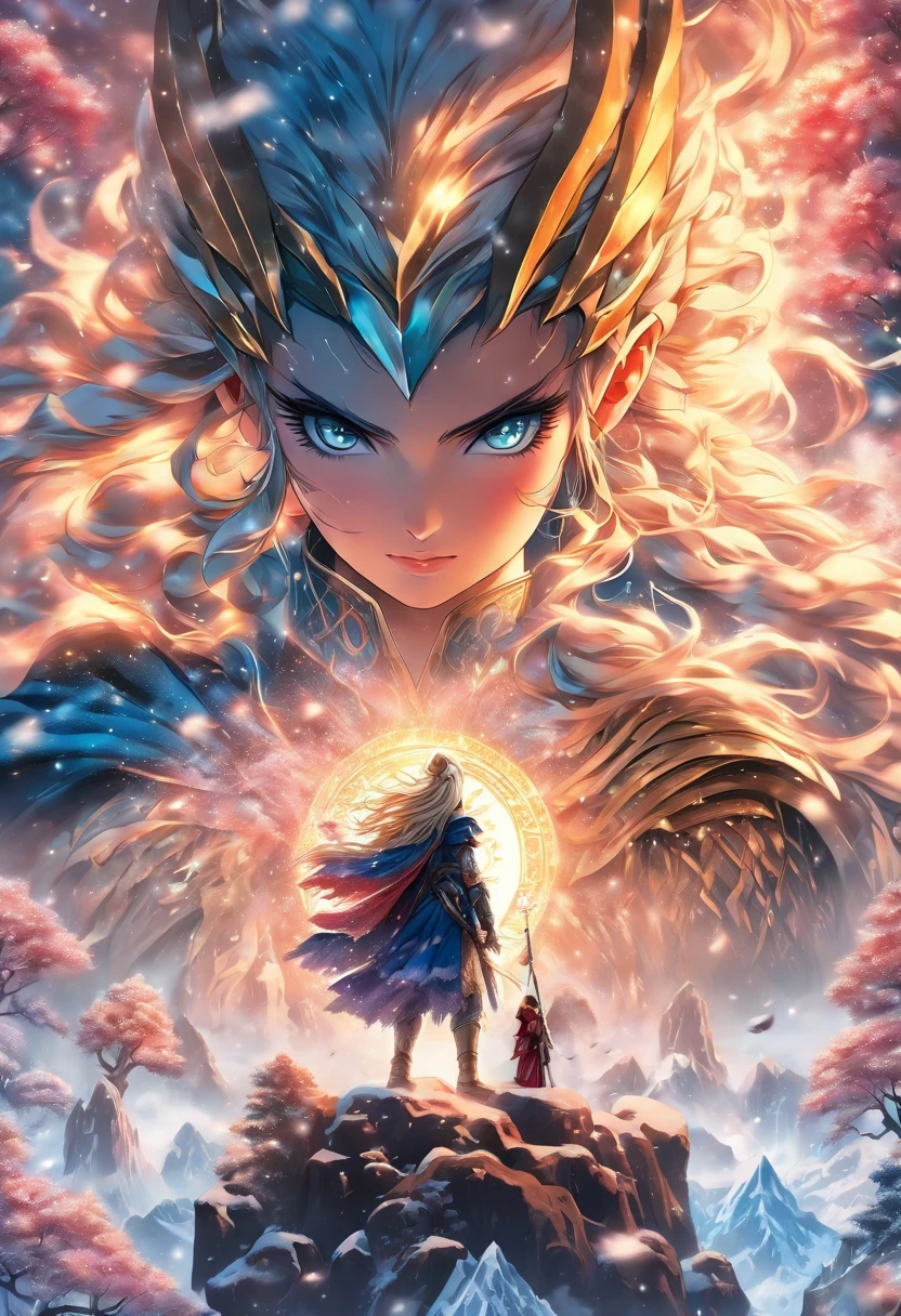 best quality, very high resolution, detailed 4K CG, master piece, Freyja, Goddess of Beauty, Norse Goddess, Woman,asgard in the background,yggdrasil,godheim,rune tattoos, snow, tall trees, blue sky, Norse Mythology, Rune Tattoo , beautiful aesthetics, asgard, Beautiful image, centered camera
