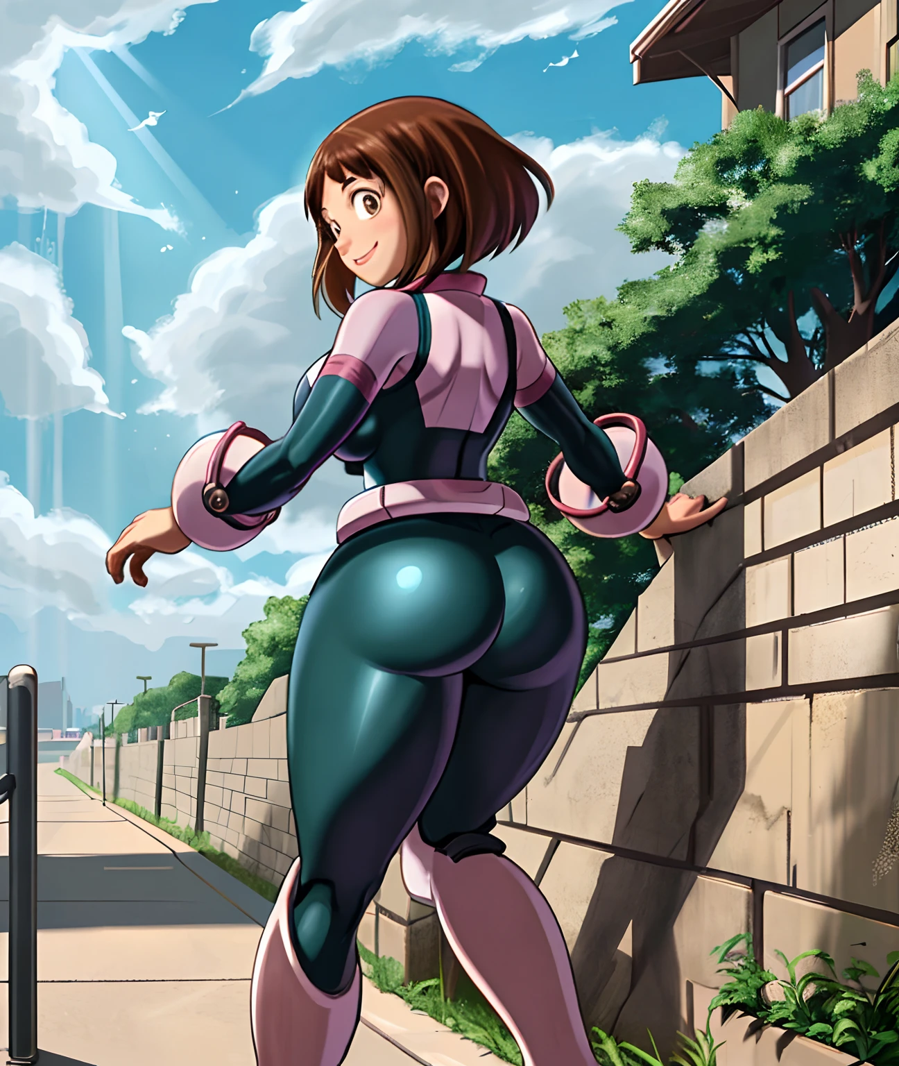 [ochako uraraka], [Boku no hero academia], ((masterpiece)), ((HD)), ((high quality)), ((solo portrait)), ((back view)), ((full body)), ((anime)), ((Kohei Horikoshi)), ((detailed shading)), ((cel shading)), ((intricate details)), {ochako, (rosy cheeks), big round brown eyes, short brown hair, short eyelashes, large boobs, (gorgeous hips), (beautiful legs), ((thicc)), (beautiful lips), (cute smile)}, {(hero costume), (bodysuit)}, {(standing), (arms at side), (looking back)}, [Background; (sidewalk), (blue sky), (sun rays)]