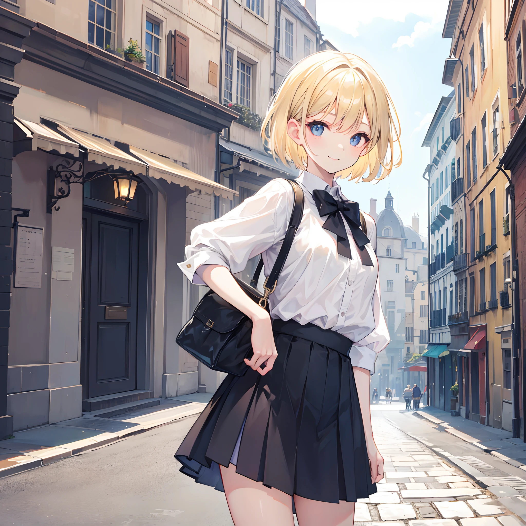 1 girl, smiling, european, skirt, (small) chillerism, short blonde hair, European street