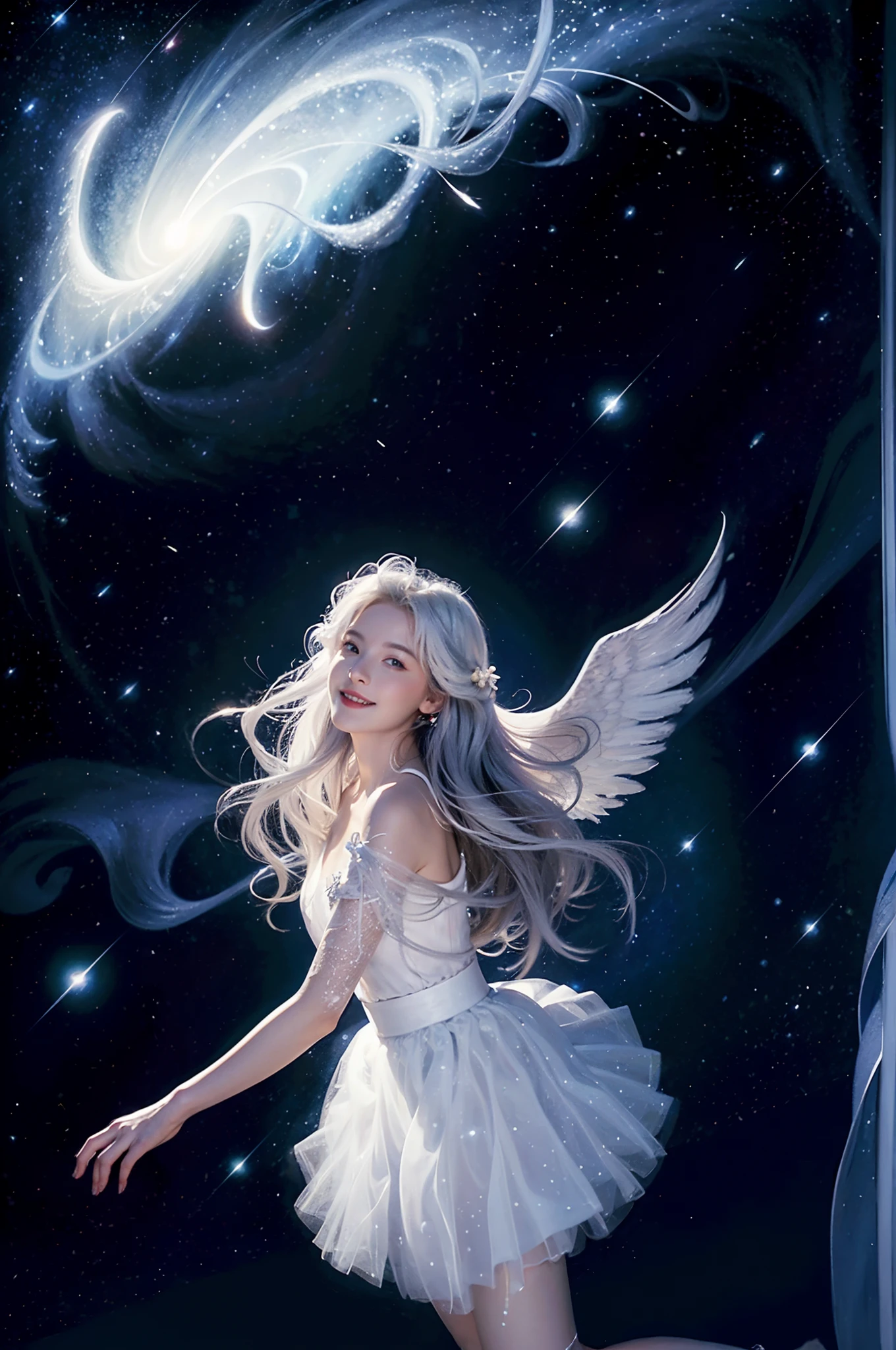 (goddes,In the sky,Huge illusion),((Moon)), Starry sky, (lighting particle), Heavy fog, Snow,(full bloom), (starry tornado:1.4), starry Nebula, Beautiful detailed sky, Sunlight, Extremely light, Very clothes, Holy light, Dynamic Angle, light particules, Very long hair, White hair, Yellow eyes, Glowing eyes, Expressionless, ((Light smile)), ((((White tulle skirt)))), White silk, view the viewer, Angel wings, large wings, Multiple wings, angelic halo, (((Starry sky))), Dusk sky, Floating light spot, Lots of feathers, Stars in Eyes, Messy floating hair, Colored inner hair, Starry sky adorns hair, (lots of big colorful Bubble), (the pearl), (milky ways), Depth of field