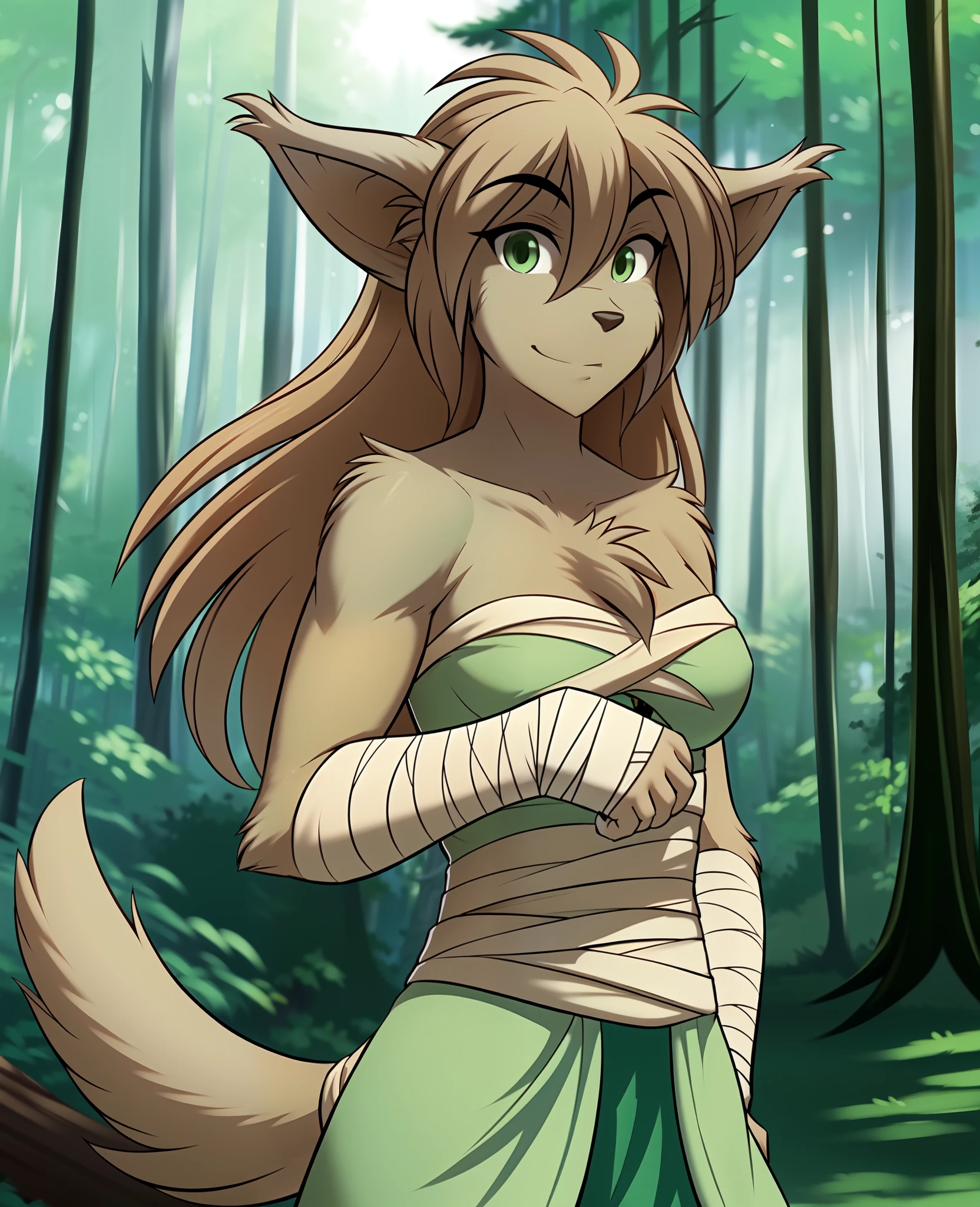 Jade Adelaide, Adelaide, King Adelaide, twokids, (best quality, masterpiece:1), solo, furry female anthro, green eyes, wraps chest, arm wraps, long hair, light brown hair, portrait, fingers, finger claws, looking at viewer, tail, strong, (outdoors dark forest trees blurry blurred background:1.1)