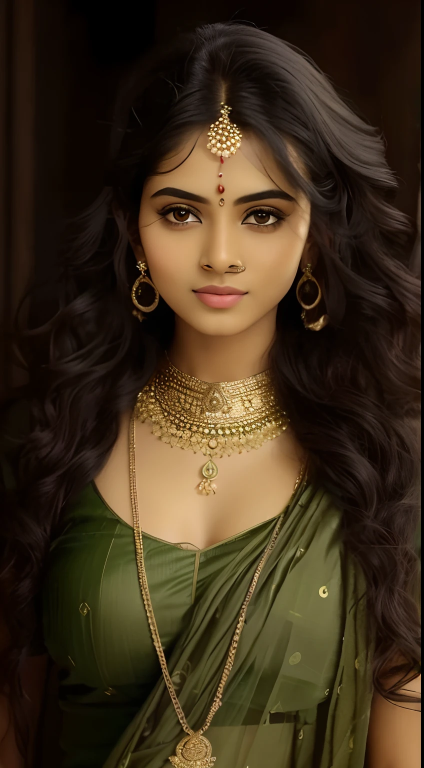 a woman in a green sari and gold jewelry, traditional beauty, very beautiful girl, indian goddess, very beautiful woman, beautiful model, gorgeous woman, gorgeous beautiful woman, beautiful goddess, indian style, indian girl with brown skin, a beautiful young woman, inspired by Raja Ravi Varma, very beautiful elven top model, very attractive and beautiful, sexy girl with dark complexion