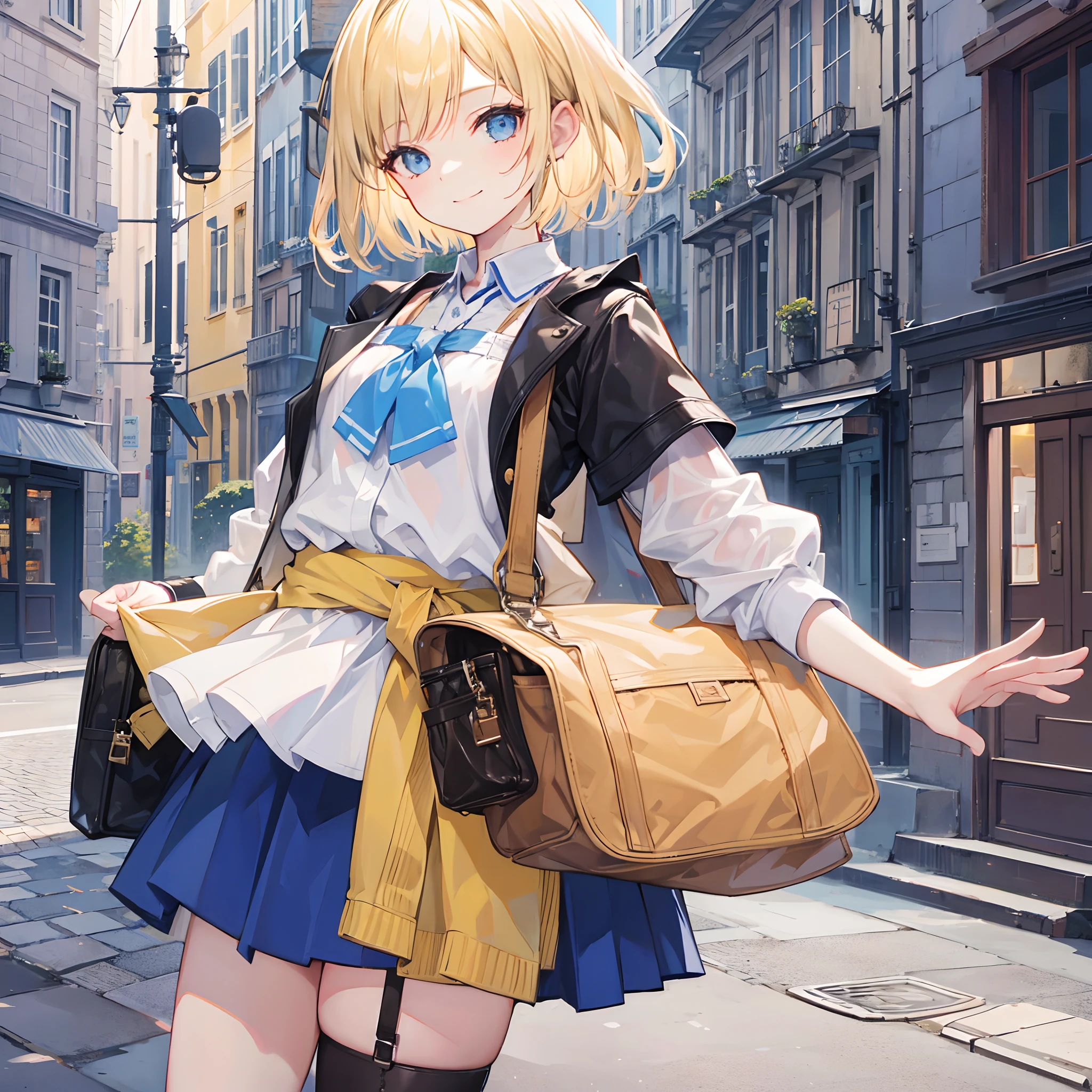 1 girl, smiling, european, skirt, (small) chillerism, short blonde hair, European street