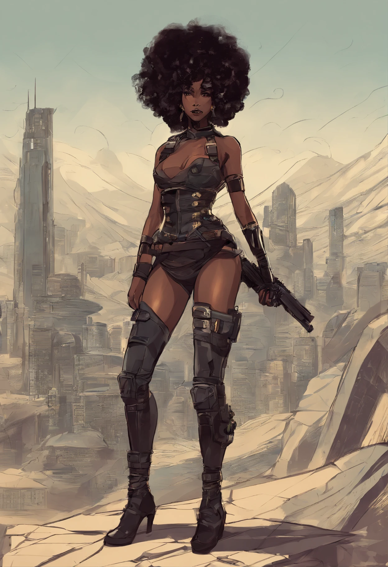 there is a woman in a corset holding a gun, vector art by Mustafa Rakim, Artstation, afrofuturism, black woman, afro, afro futurism, pretty samurai with afro, afro futuristic, afrofuturistic, a black dieselpunk policewoman, afroamerican, black art, black female, black girl, samurai with afro, extremely high quality artwork, afrofuturist
