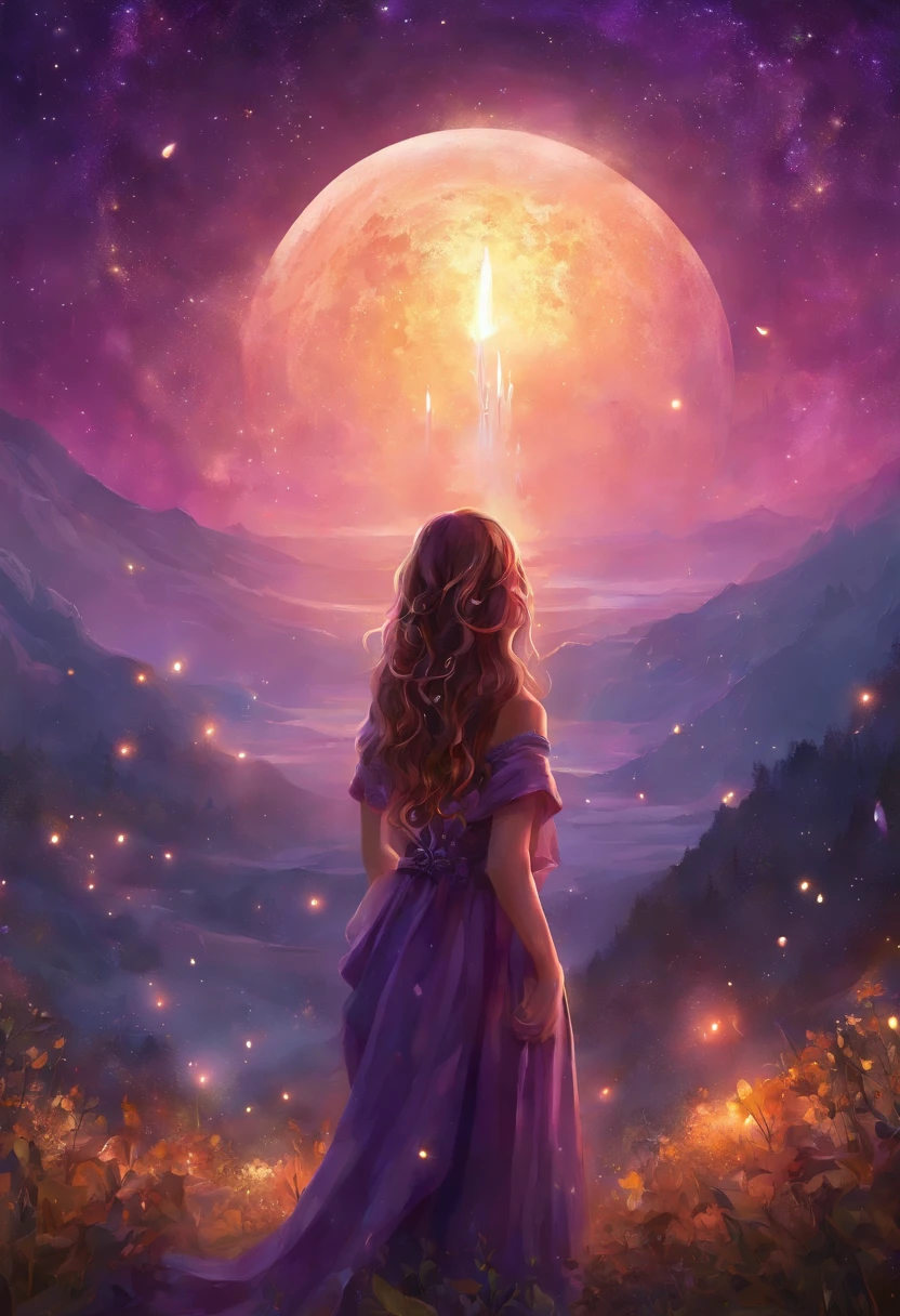 (Largest, ultra detailed, Cinematic, UHD), Night, mountain, dark sky, (big moon in the sky), galaxy in the sky, Nebula in the sky, snowy, (Old Western Building), Field of purple crystals, diamonds and golds, detailed building, detailed field, detailed sky, Shooting Star from Above, dreamy, magical, Girl looking at the sky, girl holding a thick lit candle above her head, light particle, fireflies, oil painting