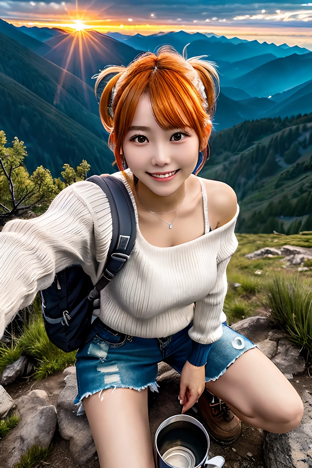 (Upper body selfie:1.3),(Shiny silver and orange hair,Short ponytail),Spring climbing,With a superb view from the summit in the background,Beautiful sunrise,video from above,Backlighting,Generate images of beautiful girls around the world,Especially while reflecting elements of Western beauty.Girl with natural smile and attractive expression,Girl with natural smile and attractive expression,Transparent skin,sparkle in eyes,Expresses an elegant atmosphere,Colossal tits,White lace sheathed luz sweater to highlight off-shoulder breasts,Torn and tattered damaged jeans,Solo, crouching down.backpack,Mountain boots,Camping stove,kettle,mug cup,Single-person tent,strong wind blowing,Hair fluttering in the storm,(The 8k quality,masutepiece,top-quality,Ultra-high resolution output image,),(Highly detailed raw photos:1.3),(Image Mode Ultra HD),