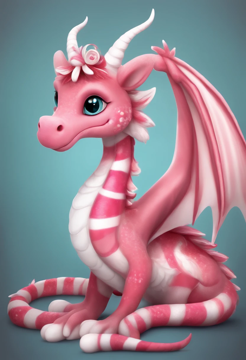 candy cane dragon,long,(skinny) (chinese based dragon),happy,cute,four short legs,wings,plush toy version,soft fur,pink and white stripes,sparkling eyes,detailed scales,playful facial expression,fluffy tail,playfully curled horns,whimsical patterned wings,fantasy illustration style,vivid colors