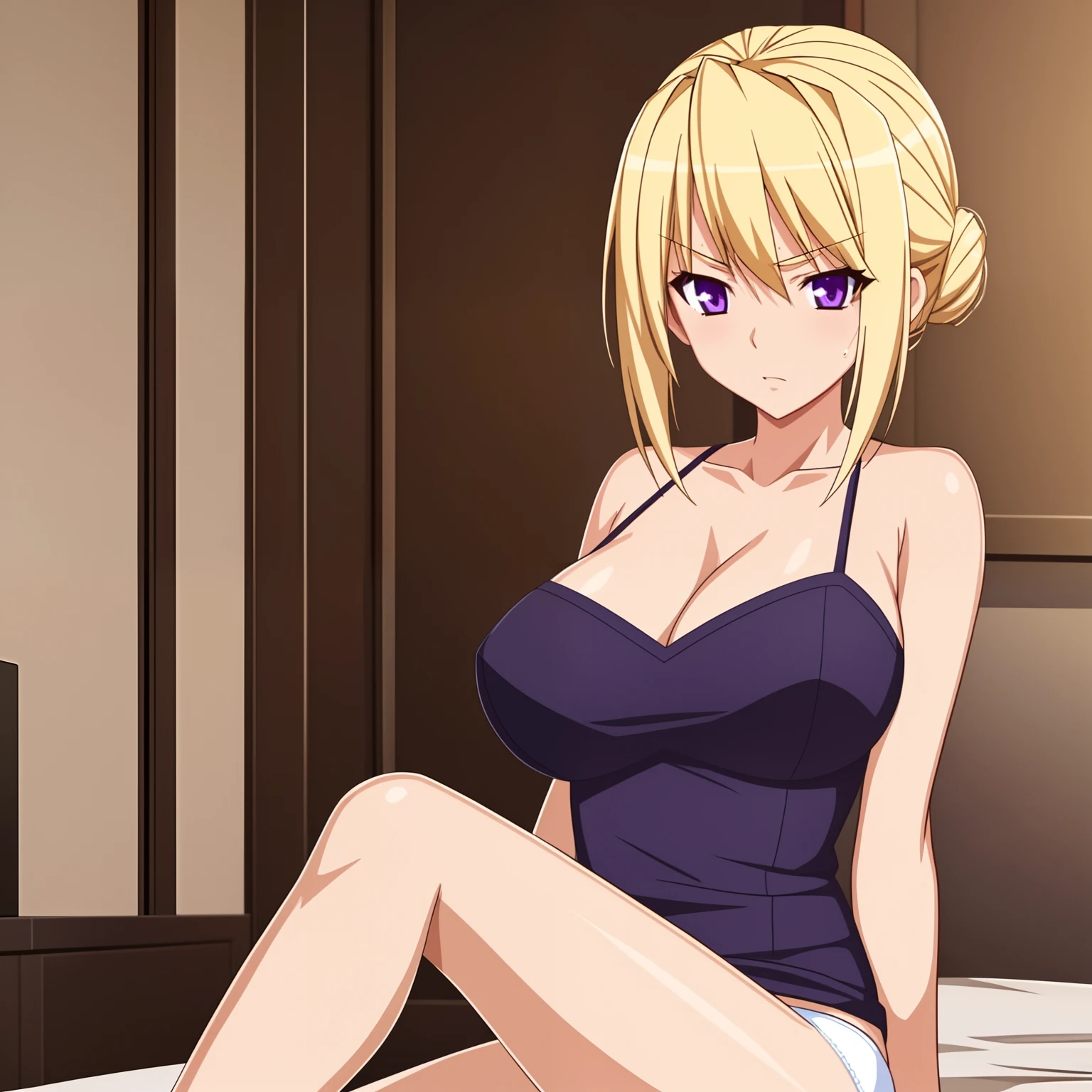 1girl,big breasts,hotel room,bed,(8k),
,detailed face,blond hair,purple eyes,short hair,embarassed,shy,bun,hair, high_res, high_definition,battlefield,sexy pose,White_Brassier,black_panties,lying,