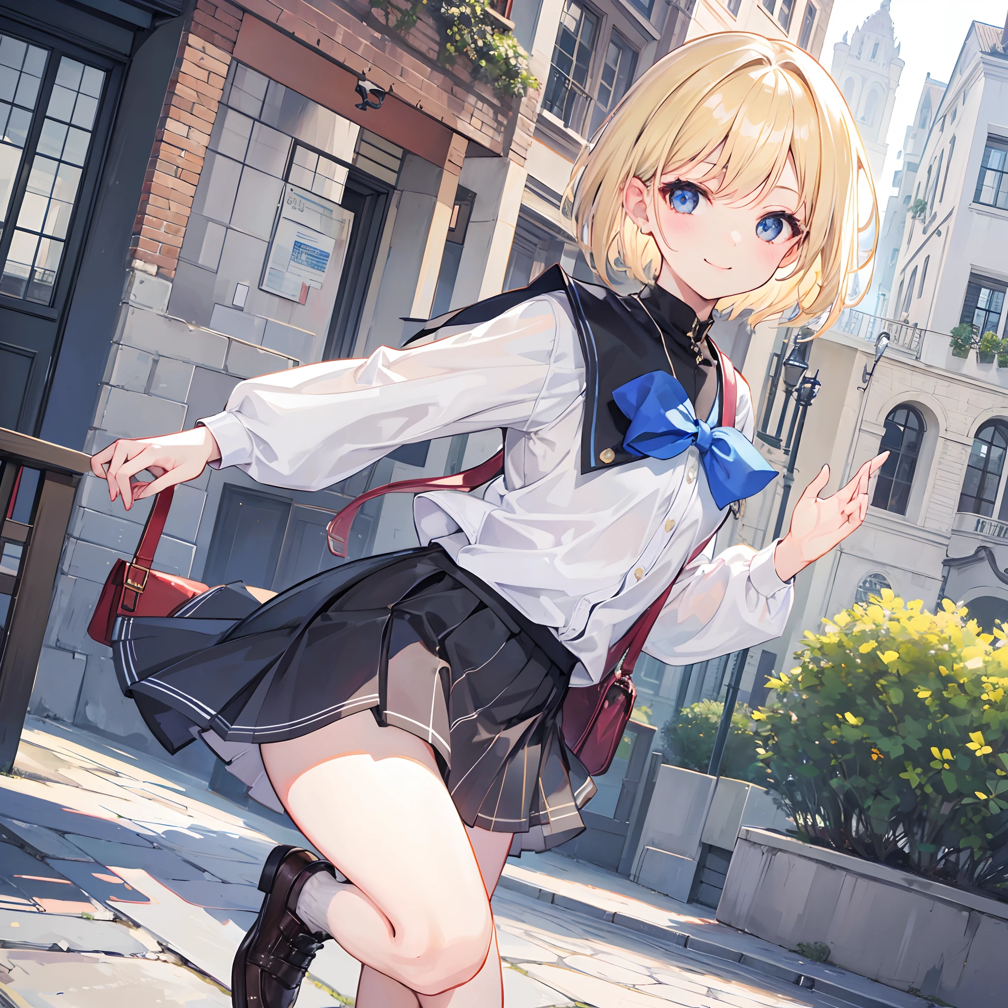 1 girl, smiling, european, skirt, (small) chillerism, short blonde hair, European street