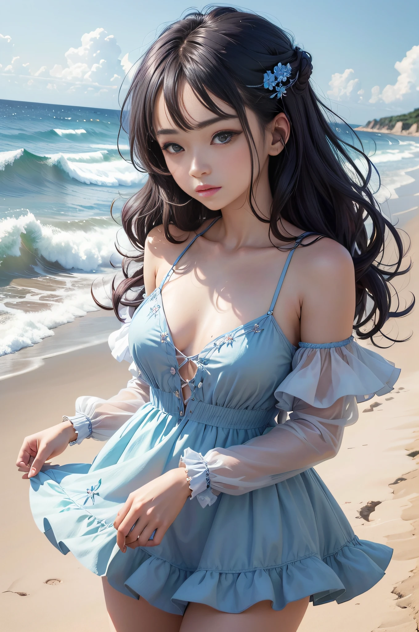 (Masterpiece), (Best quality), (Ultra detailded),(disheveled hair),(illustration), (1fille), (fashionable clothes), debout, Fashion model, Regarder le spectateur, (interview), (Beach background),beautiful detailed  eyes, beautiful delicate face, flottant,(high saturation),(colorful splashes),colorful bubble,(brillant), Focus sur le visage,  Queue, Kamisato Ayaka, cheveux bleu clair, frange, bague de cheveux, Fleurs flottantes, poils flottants, (brillant), Best 12k lighting, Meilleure ombre,