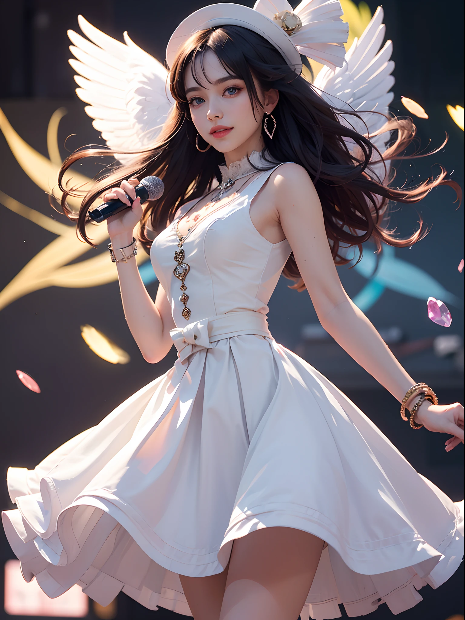 Unbeatable masterpiece, Ultra photo realsisim , Perfect artwork , Intricate details , Best quality , Strong light , High contrast , Dynamic pose , Dutch angle , ((Depth of field:1.8)) , 1 girl , HD , White skin , Ink hair , Long hair , one side up , Lucy dressed in a full dress , Ribbon-trimmed socks , Night , Stage , split color hair , Stand , carismatic , Narrow waist, Angelic smile , Anime heroine , heartthrob , Solo , microphones , lighting ,volumettic light , Motion blur , Three-dimensional pink notes , Blue sparkling eyes , purple , Sparkling gemstone bracelet , heart earrings , Perfect female body structure ,White top hat , figure , a color , view the viewer , Panoramic view