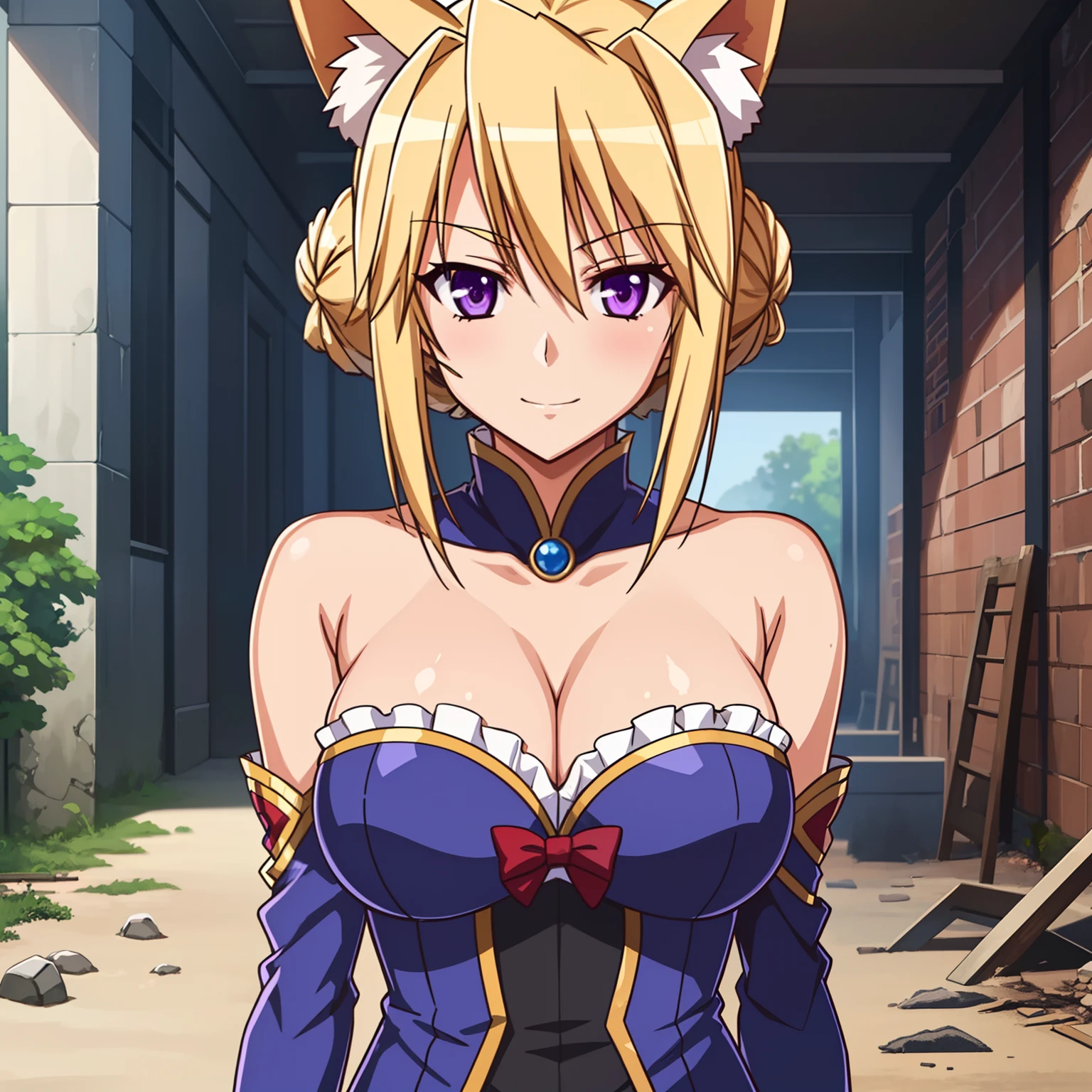 1girl,,big breasts,standing in ruined city,(8k),scratches,detailed face,blond hair,purple eyes,short hair,embarassed,small smile face,bun,hair, high_res, high_definition,battlefield,sexy pose,blue suit,blue_Witchcraft-User's_Clothes (Fate Tamamo no mae Custome:1.1),no_fox_ears,