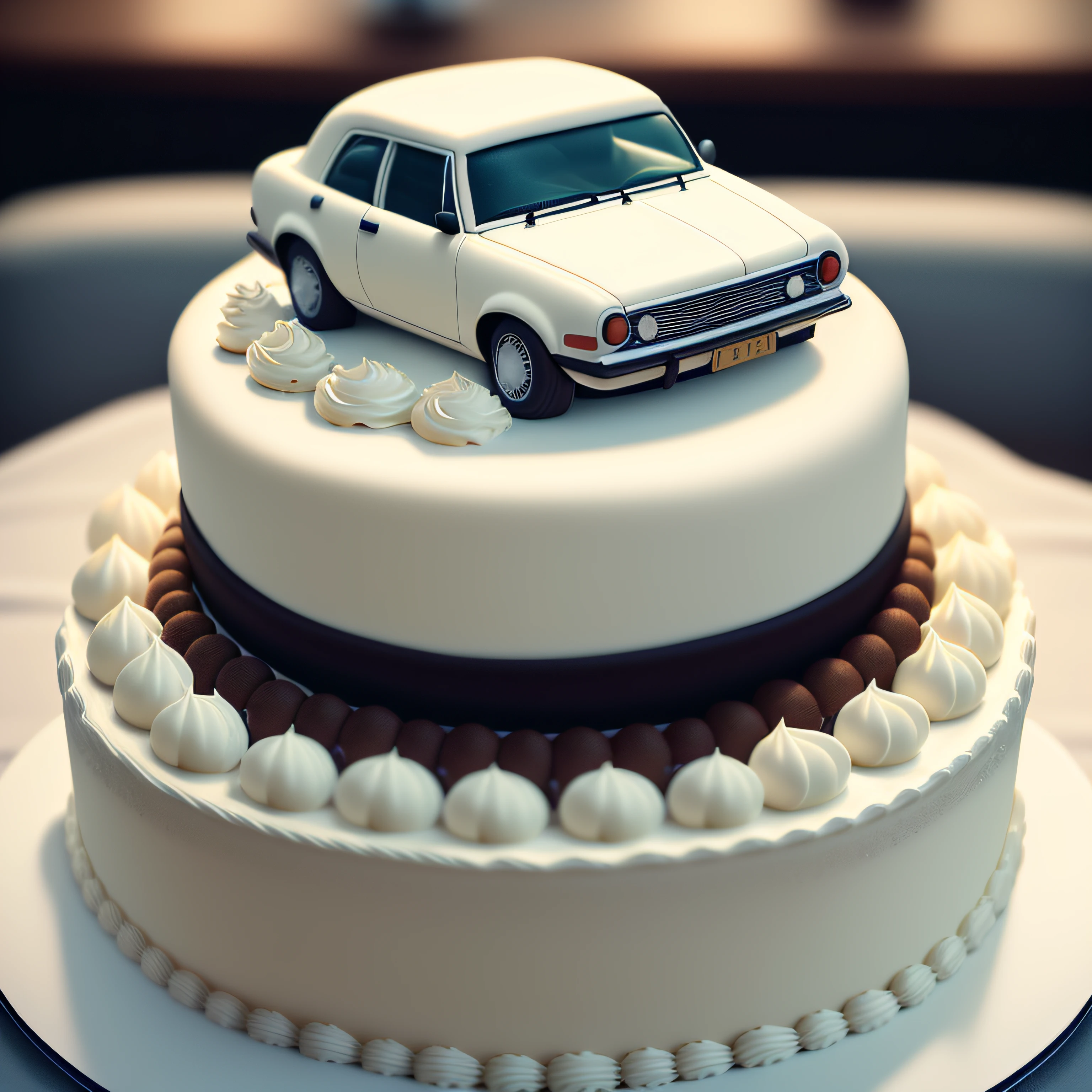 (raw photo), masterpiece, high quality, best quality, car themed cake with cream on a plate, full cake, children's cake, foodphoto, blurred background, full view, 8k, excellent quality.