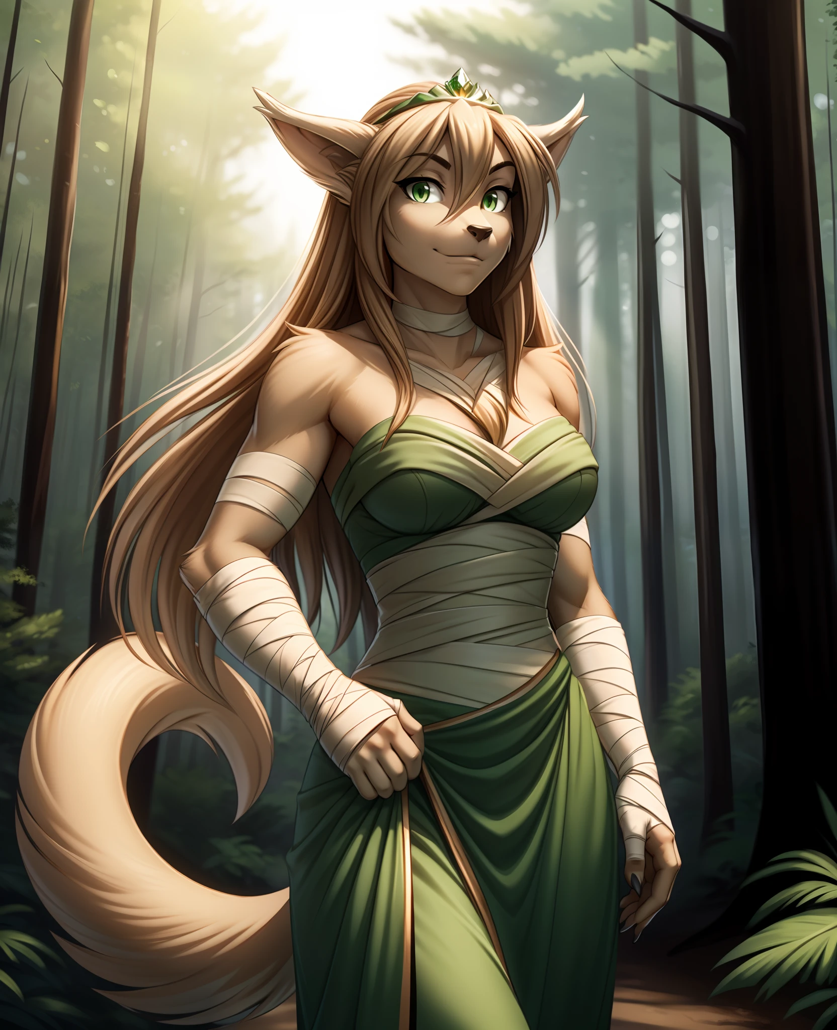 Jade_Adelaide, Adelaide, King Adelaide, (best quality, masterpiece:1), solo, furry female anthro, green eyes, wraps chest, arm wraps, long hair, light brown hair, portrait, fingers, finger claws, looking at viewer, tail, strong, (outdoors dark forest trees blurry blurred background:1.1)