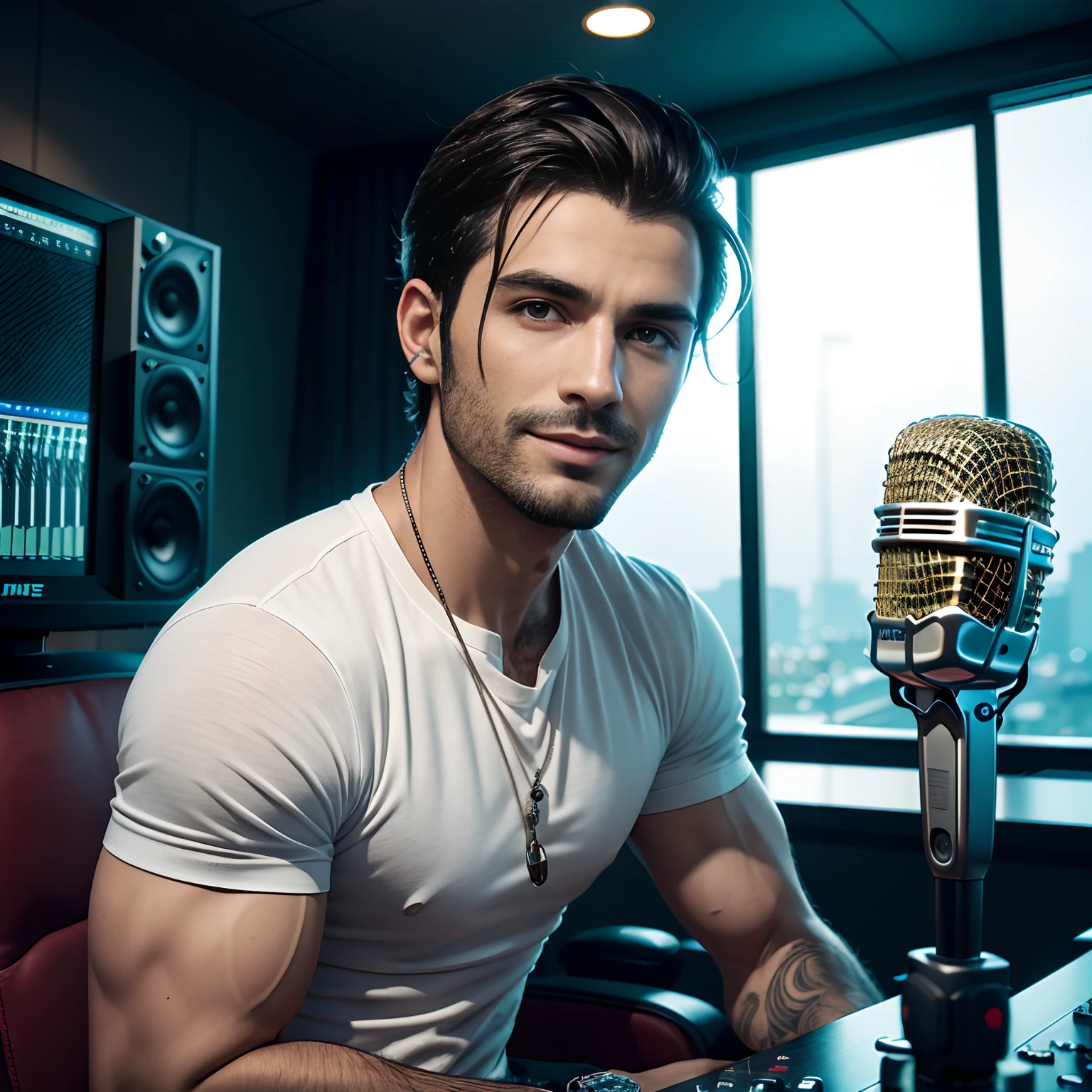 recording studio scenario, avatar masculino, Focus on the camera, homem magro, 34 anos, cabelos escuros, corte de cabelo de asa delta, olhos castanhos escuros, Rosto redondo, nariz redondo, sorriso no rosto, roupas estilo anos 90, sitting in front of a SHURE SM7B microphone on a counter, 4k, UHD, cinemactic