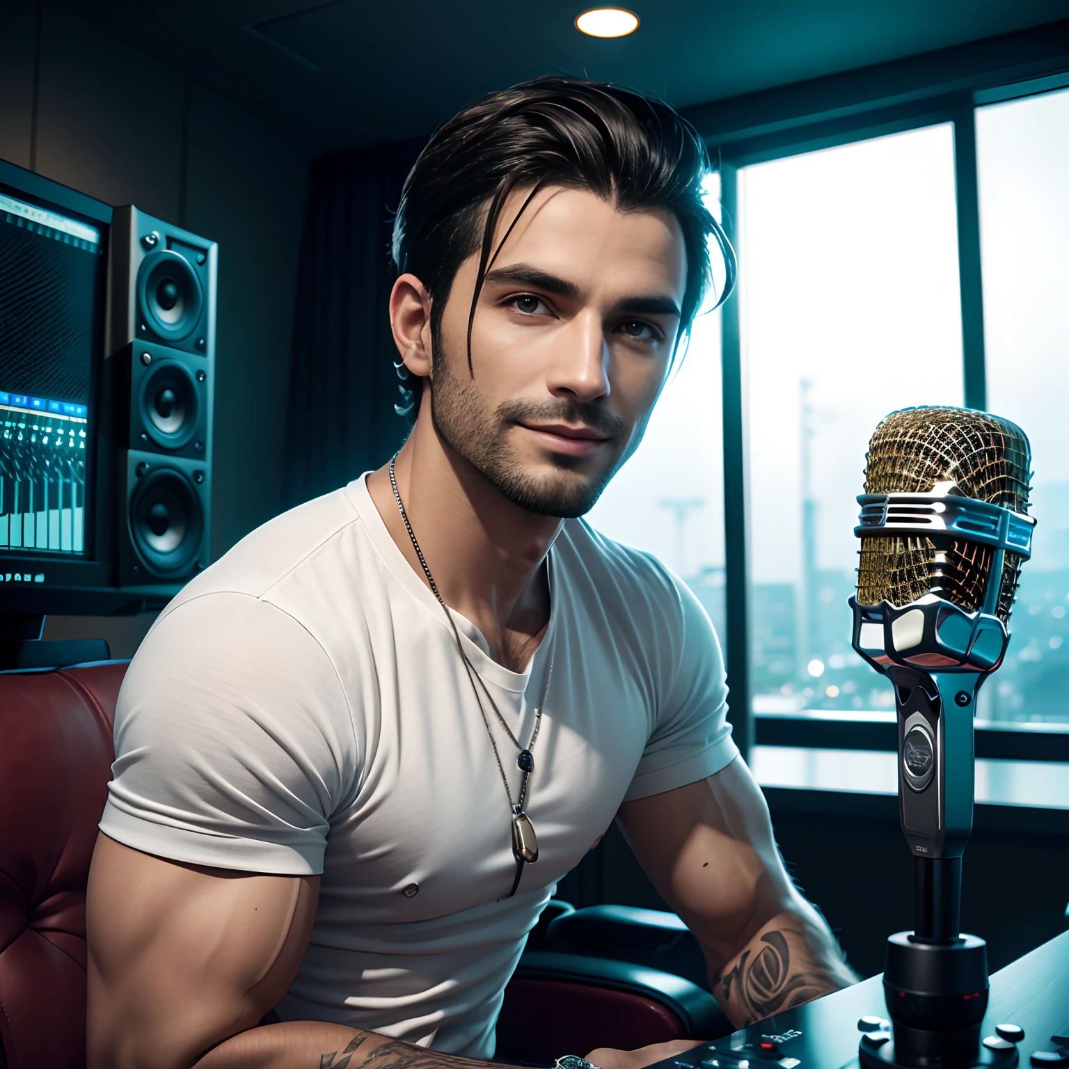 recording studio scenario, avatar masculino, Focus on the camera, homem magro, 34 anos, cabelos escuros, corte de cabelo de asa delta, olhos castanhos escuros, Rosto redondo, nariz redondo, sorriso no rosto, roupas estilo anos 90, sitting in front of a SHURE SM7B microphone on a counter, 4k, UHD, cinemactic