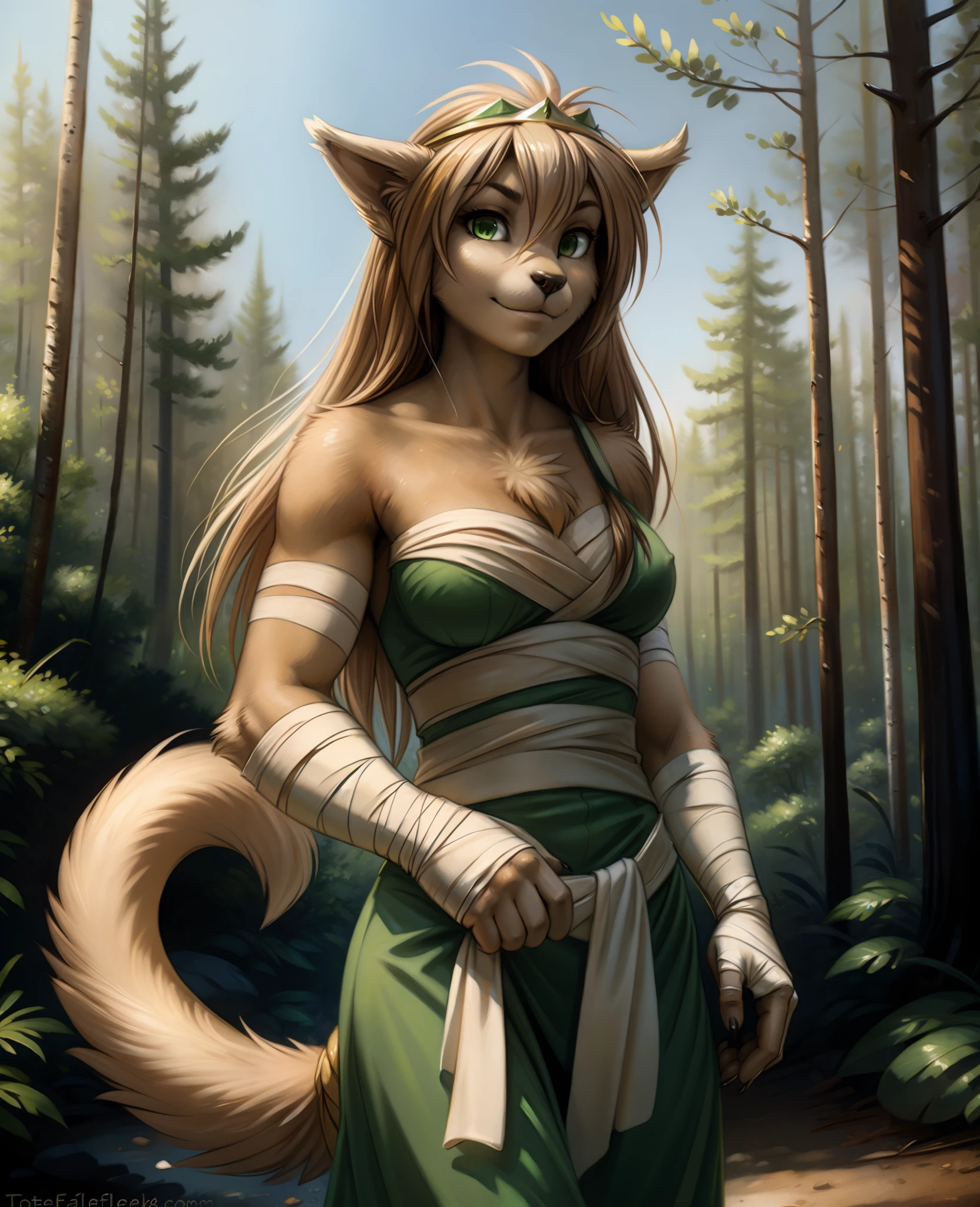 by kenket, by totesfleisch8, (by thebigslick, by silverfox5213:0.8), (by syuro:0.2), Jade_Adelaide, Adelaide, King Adelaide, (best quality, masterpiece:1), solo, furry female anthro, green eyes, wraps chest, arm wraps, long hair, light brown hair, portrait, fingers, finger claws, looking at viewer, tail, strong, (outdoors dark forest trees blurry blurred background:1.1)