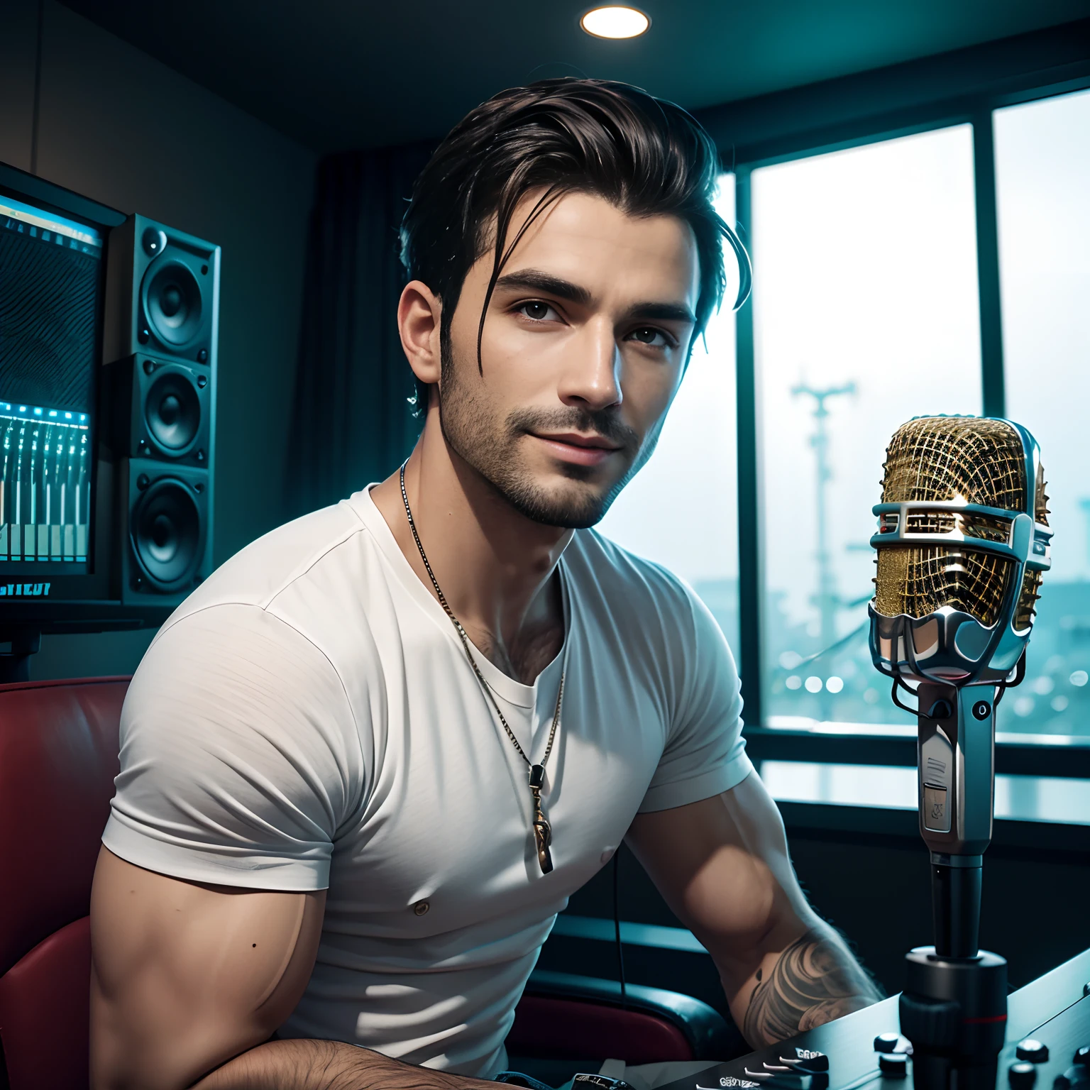 recording studio scenario, avatar masculino, Focus on the camera, homem magro, 34 anos, cabelos escuros, corte de cabelo de asa delta, olhos castanhos escuros, Rosto redondo, nariz redondo, sorriso no rosto, roupas estilo anos 90, sitting in front of a SHURE SM7B microphone on a counter, 4k, UHD, cinemactic