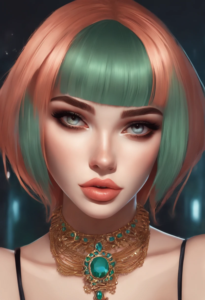 (Masterpiece, Best quality), 1fille, beau visage, brandir_Mew, cheveux verts, bangs blunt bangs, tatouage, garniture en fourrure, collier, chain, cartoon