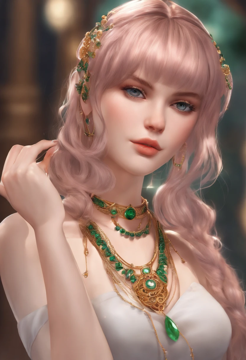 (Masterpiece, Best quality), 1fille, beau visage, brandir_Mew, cheveux verts, bangs blunt bangs, tatouage, garniture en fourrure, collier, chain, cartoon