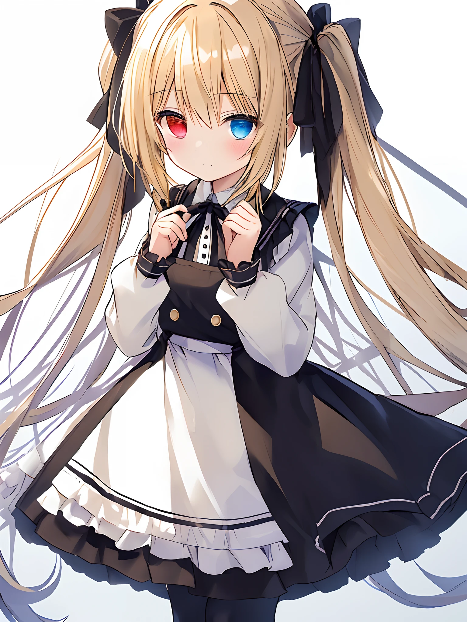 (top-quality:1.5)、(masterpiece:1.5)、(hight resolution:2.0)、((a blond))、Beautiful girl alone、Lori、cute little、(atlibrary:1.3)、Inside、(Open book on desk:1.3)、(Sitting on a chair:1.5)、(deadpan)、((Heterochromia,Right eye is red,The left eye is blue))、Half closed eyes、Twin tail、Longhaire、Black hair fastening ribbon、Ribbon around the neck、Black and white apron dresses、Ruffles on skirts、long-sleeve、Black tights