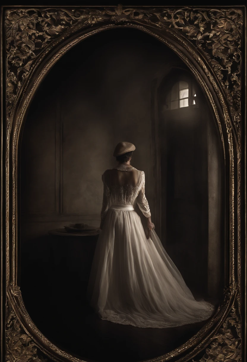 Descreva a cena em que um homem antigo, wearing a hat characteristic of his time, is standing before a door in the darkness. The surrounding environment is plunged into total darkness, exceto pela luz intensa que flui pela porta entreaberta. The smoke that spreads through the air creates a mysterious and ethereal atmosphere, adding a touch of antiquity and intrigue to the scene. Explore the man's emotions and facial expression as he faces this contrasting light and darkness, and describe how this image evokes a sense of suspense and curiosity, remembering times past and the stories he can keep