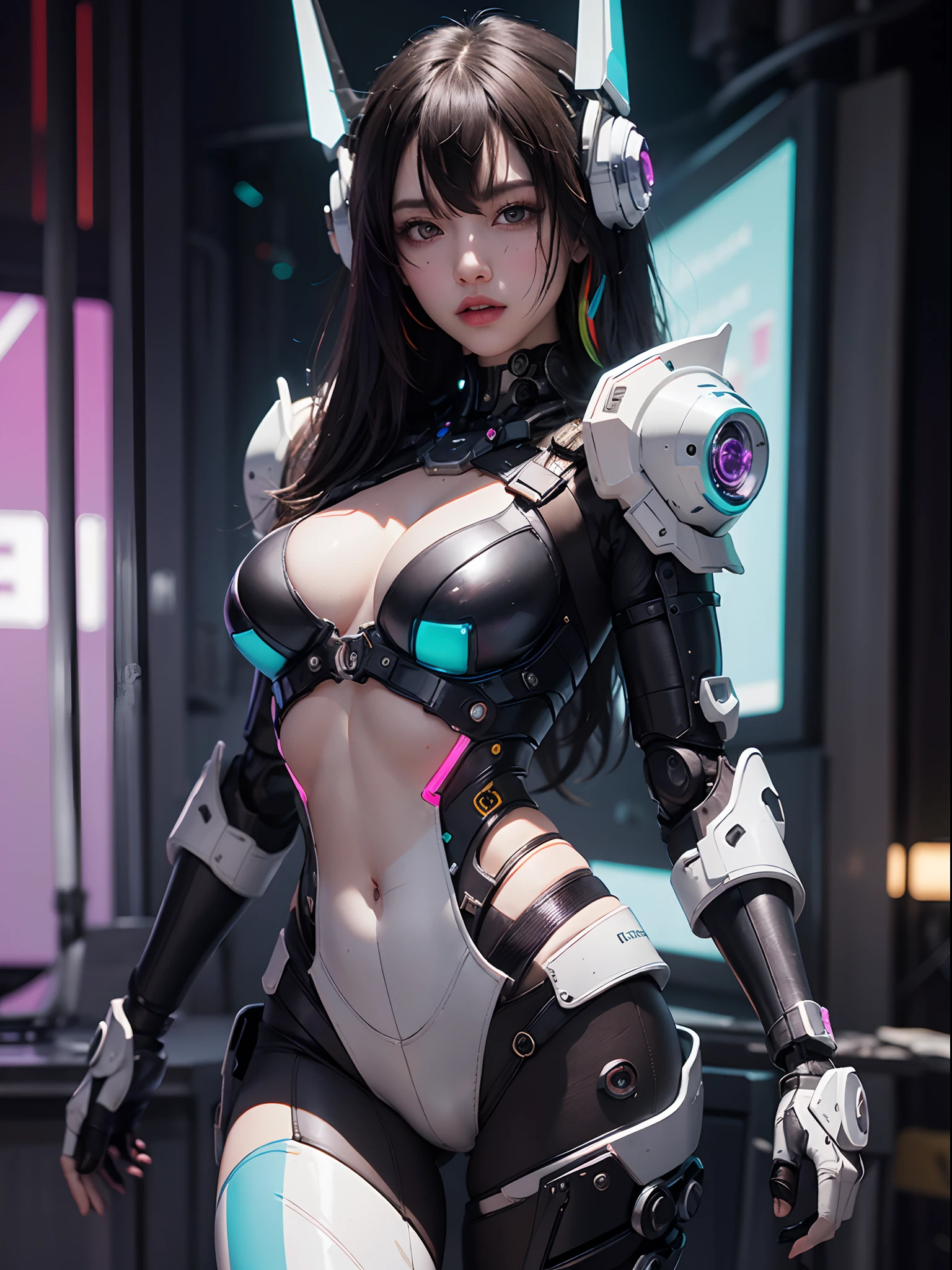 Unbeatable masterpiece, Ultra photo realsisim , Perfect artwork , Intricate details , Best quality , Strong light , High contrast , Dynamic pose , Dutch angle , ((Depth of field:1.8)) , 1 girl , Solo , Narrow waist ,multicolored hair , Large breasts , cleavage , Great detailed eyes .Cyberpunk , Neon lights , Holographic touch screen , Hologram , capacete de vidro , glass mask , Mecha musume , mechanicalparts , Headgear , robotjoints , Mecha musume , mechanicalparts , Headgear ,Full armor , multicolored background , Color noise , Visual noise , corrupted data,