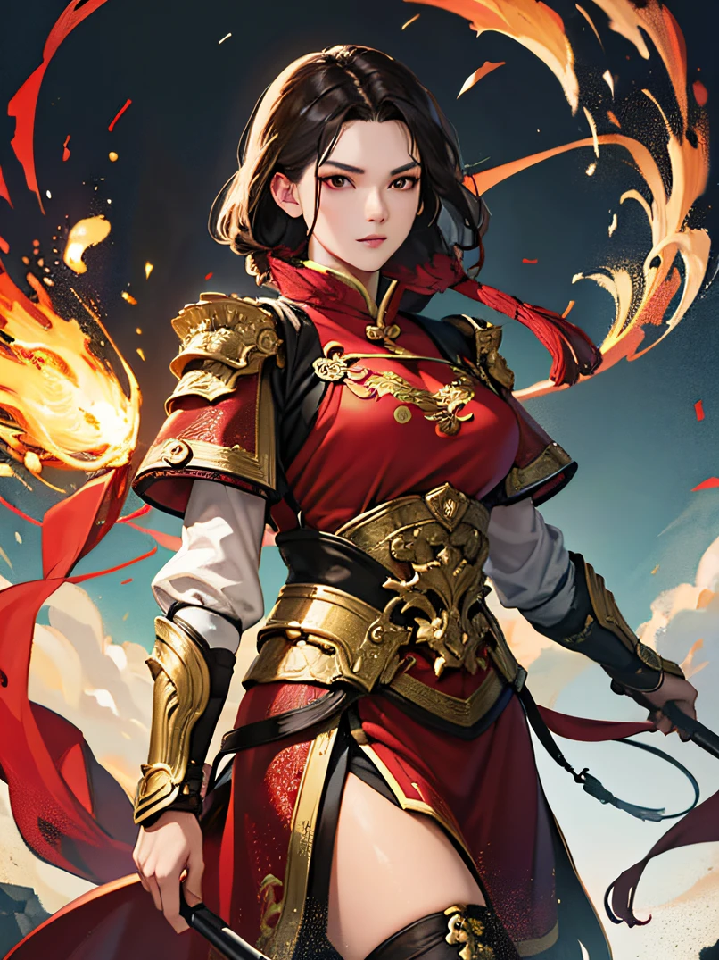 (​masterpiece、top-quality、hight resolution)、1 mature female、bustshot、Chinese Female Warrior、A dark-haired、Red ancient armor、not wearing helmet.、blood splattere、Intense appearance、battle posture、Ancient battlefields(ighly detailed)、intricate detailed background、Particle flotation、Diffuse reflection of light、color splashes、Artistic line art、Fibonacci effect、Dynamic action