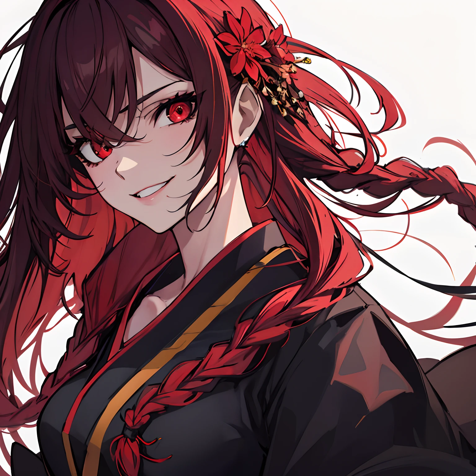 (absurdres, 8k, 4k, masterpiece, hyper extreme detailed:1.2), solo, 1girl, front view, perfect face, 1girl, portrait, expressive eyes, solo, perfect anatomy, evil eyes, female, medium boobs, red kimono, flowers, long red hair, windy, braided hair, evil smile, red eyes, female, spider design, spiders on body, covered breasts,