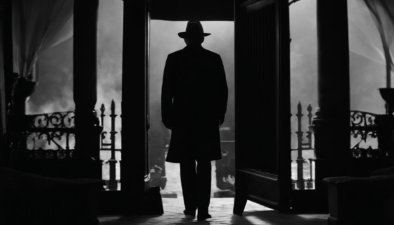 Descreva a cena em que um homem antigo, wearing a hat characteristic of his time, is standing before a door in the darkness. The surrounding environment is plunged into total darkness, exceto pela luz intensa que flui pela porta entreaberta. The smoke that spreads through the air creates a mysterious and ethereal atmosphere, adding a touch of antiquity and intrigue to the scene. Explore the man's emotions and facial expression as he faces this contrasting light and darkness, and describe how this image evokes a sense of suspense and curiosity, remembering times past and the stories he can keep, imagem preto e branco