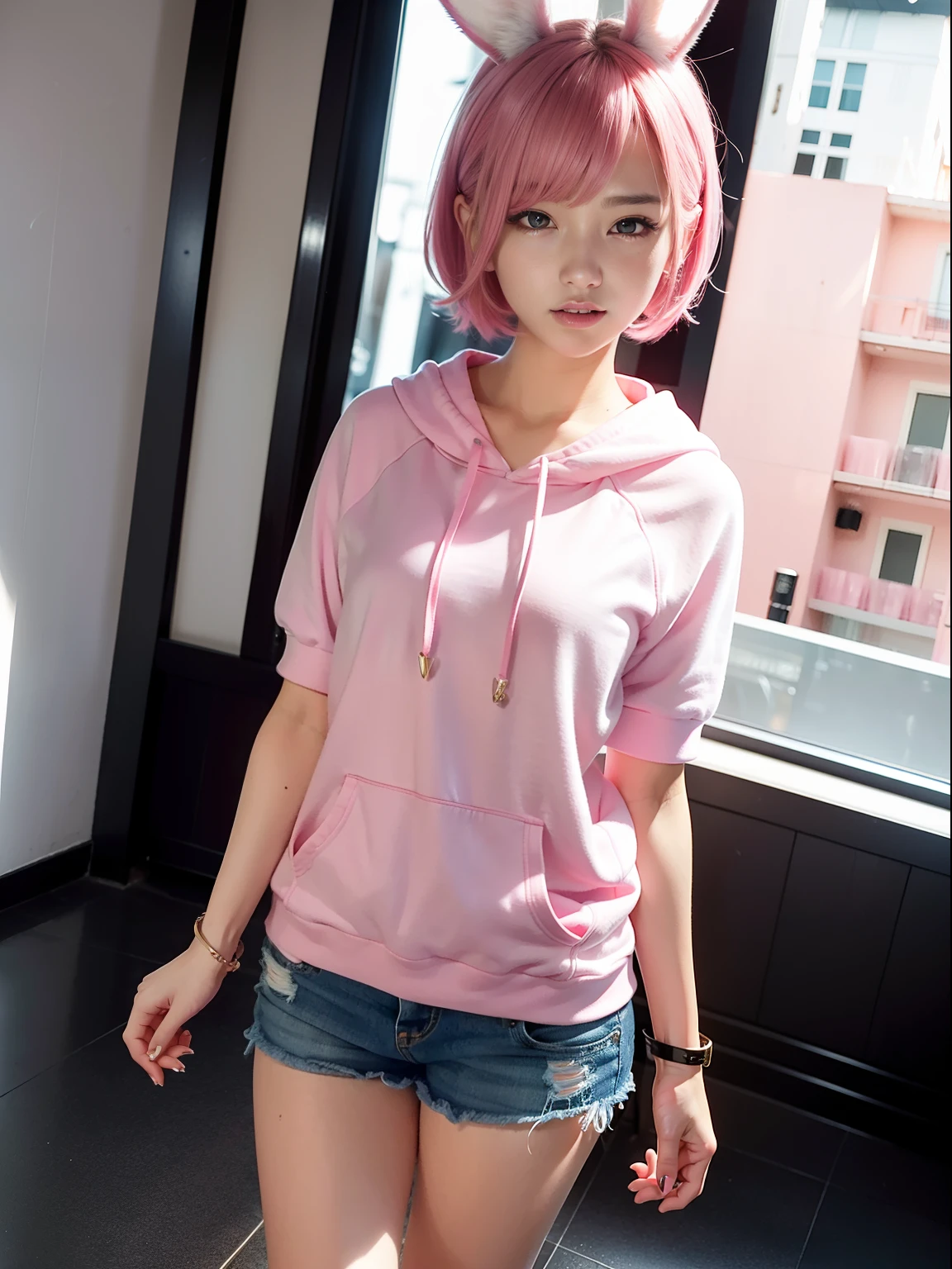 Pink hair、pink hoodie、Jeans fabric shorts、Europe、Italy(8K, top-quality, masterpiece:1.2), (realisitic, Photorealsitic:1.37), ultra-detailliert,, full body Esbian, (shortpants: 1.2)、(pink hoodie:1.2)、Alpha Layer、独奏、Beautiful detailed sky、(A smile:1.15)、(Mouth closed)、tiny chest、Eyes in Beautiful Details、(short-hair:1.2)、Floating Hair NovaFrogStyle、Hotel Bed、masuter piece、Pink Shortcut Bob、Realistic rabbit ears、Pink realistic rabbit ears、Realistic ears of rabbits sticking out of the head、Pink hair、Beautiful girl in her 20s、Bewitching atmosphere、Beautiful shaped hands、K-POP、Pink rabbit ears、1 girl in、独奏、masterpiece、top-quality、realisitic、Hyper-detailing、(Glossy skin:1.4)、absurderes、short pink hair、Slender beauties、动态照明、hight resolution、foco nítido、depth of fields、(thick thight:1.0)、A slender :1.2,((Short-cut bob hair))、((k pop:1.3)),Highly detailed facial and skin texture、((魅惑的)),Anatomically correct number of fingers,Correct anatomy