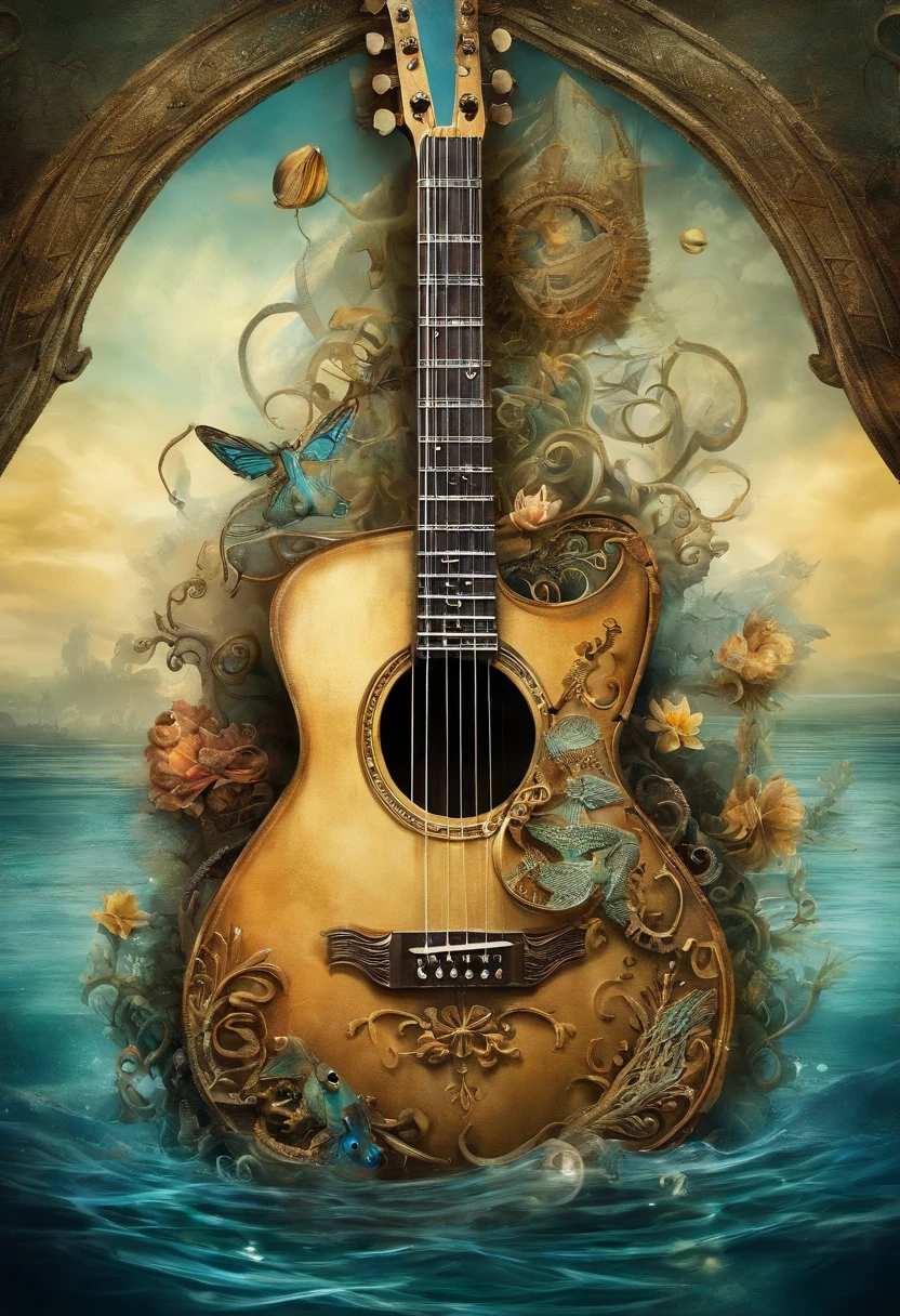 {{A mesmerizing depiction of an electric guitar}} submerged underwater, com bolhas subindo ao seu redor. This is an underwater image inspired by fantasy that shows the beauty of the guitar in an unusual setting. Meio Ambiente/Background should be an underwater world with colorful coral reefs to create a dreamy and surreal atmosphere. A imagem deve ser no estilo de uma pintura digital, incorporating elements of underwater fantasy art. O tiro em close-up, capturado com uma lente macro, will provide an intimate and enchanting insight into the intricate details of the guitar and underwater flora. Lighting should be ethereal, emphasizing the play of light through water and guitar design. The desired level of detail is high with a high resolution, highlighting the supernatural qualities of the guitar. The goal is to create a captivating image that transports viewers to an enchanting underwater realm
