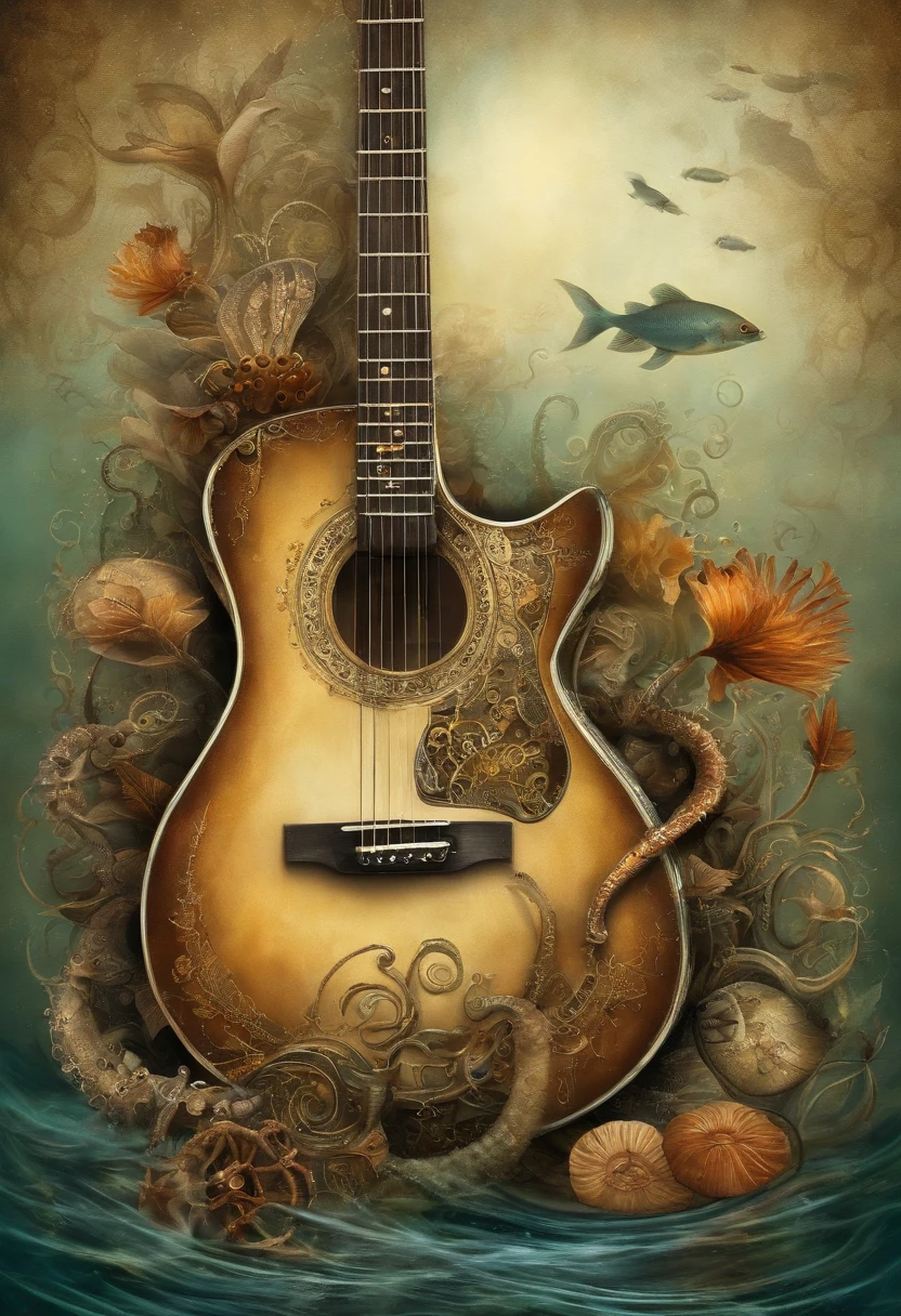 {{A mesmerizing depiction of an electric guitar}} submerged underwater, com bolhas subindo ao seu redor. This is an underwater image inspired by fantasy that shows the beauty of the guitar in an unusual setting. Meio Ambiente/Background should be an underwater world with colorful coral reefs to create a dreamy and surreal atmosphere. A imagem deve ser no estilo de uma pintura digital, incorporating elements of underwater fantasy art. O tiro em close-up, capturado com uma lente macro, will provide an intimate and enchanting insight into the intricate details of the guitar and underwater flora. Lighting should be ethereal, emphasizing the play of light through water and guitar design. The desired level of detail is high with a high resolution, highlighting the supernatural qualities of the guitar. The goal is to create a captivating image that transports viewers to an enchanting underwater realm